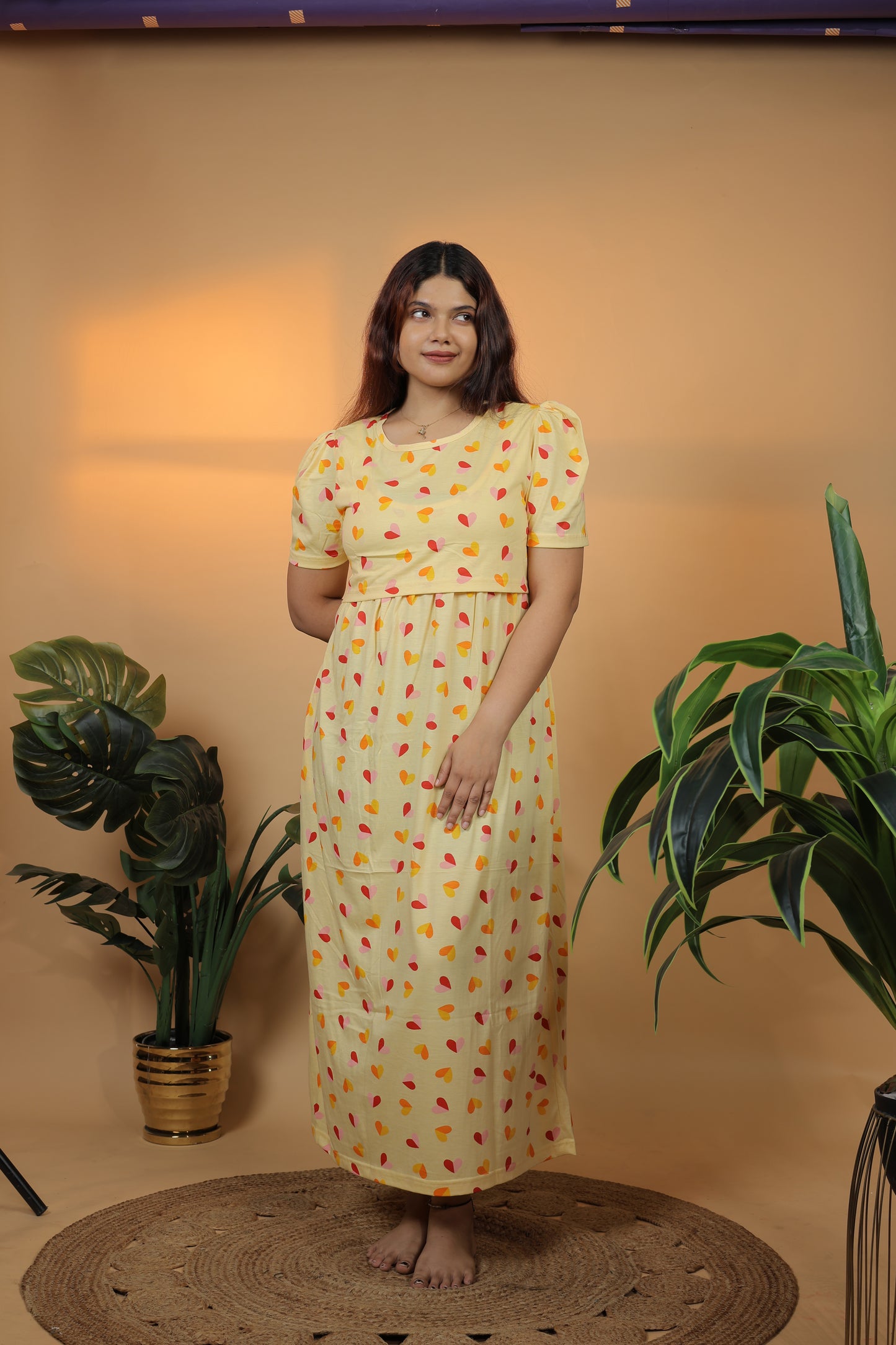 Jammies Haven Zipless Cotton Feeding & Nursing Gown in Yellow | SRDYSH1