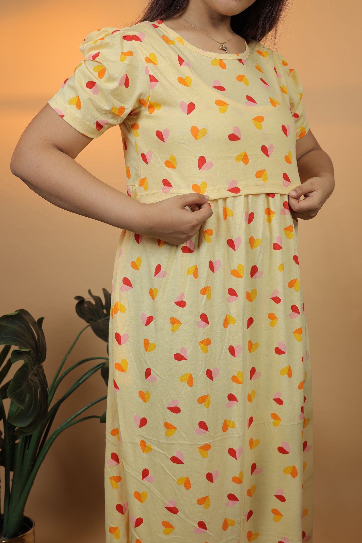 Jammies Haven Zipless Cotton Feeding & Nursing Gown in Yellow | SRDYSH1
