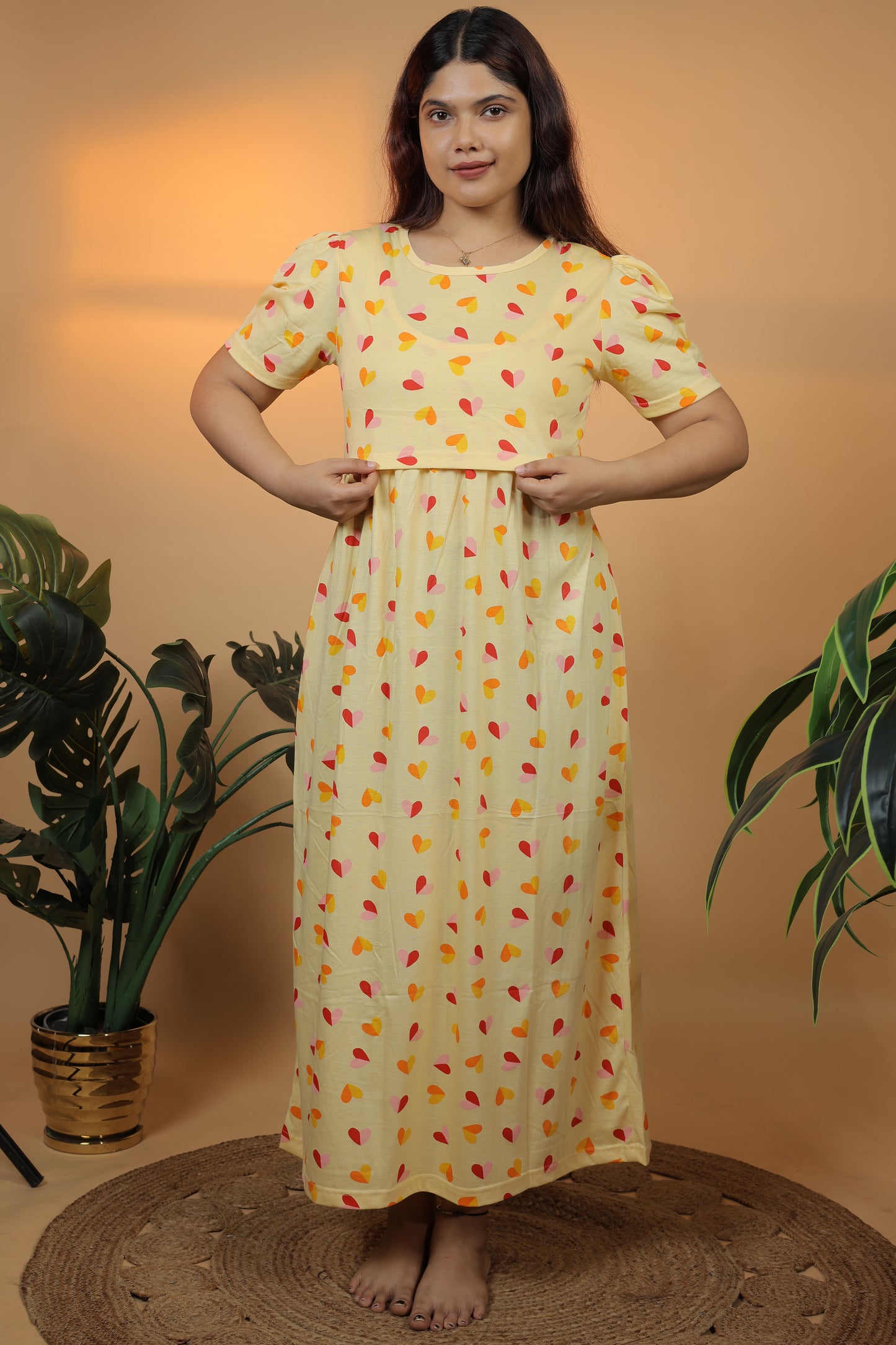 Jammies Haven Zipless Cotton Feeding & Nursing Gown in Yellow | SRDYSH1