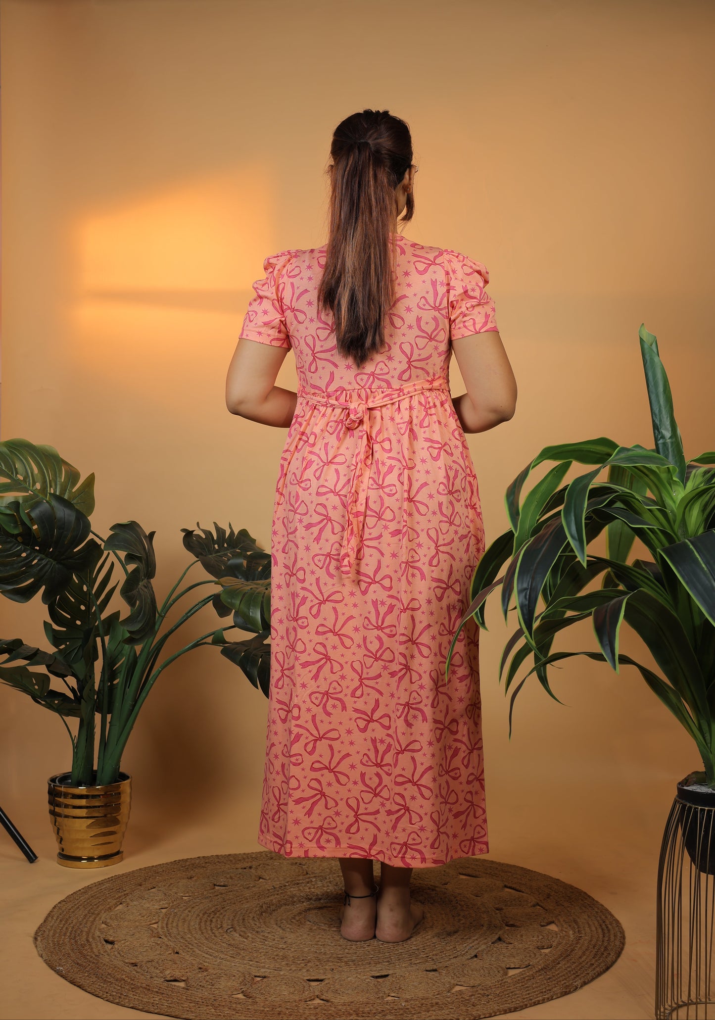 Jammies Haven Zipless Cotton Feeding & Nursing Gown – Pink Bow Puff Sleeves | ILT03