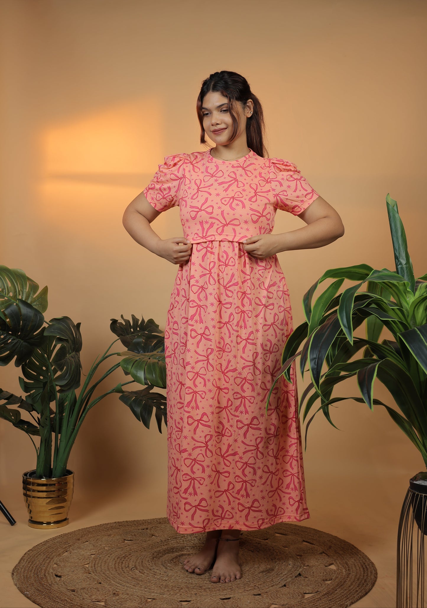 Jammies Haven Zipless Cotton Feeding & Nursing Gown – Pink Bow Puff Sleeves | ILT03