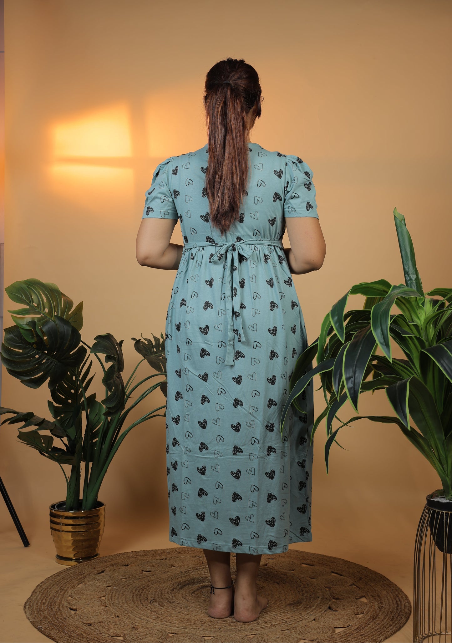 Jammies Haven Zipless Cotton Feeding & Nursing Gown in Green Drawing Heart | ILTGDH01