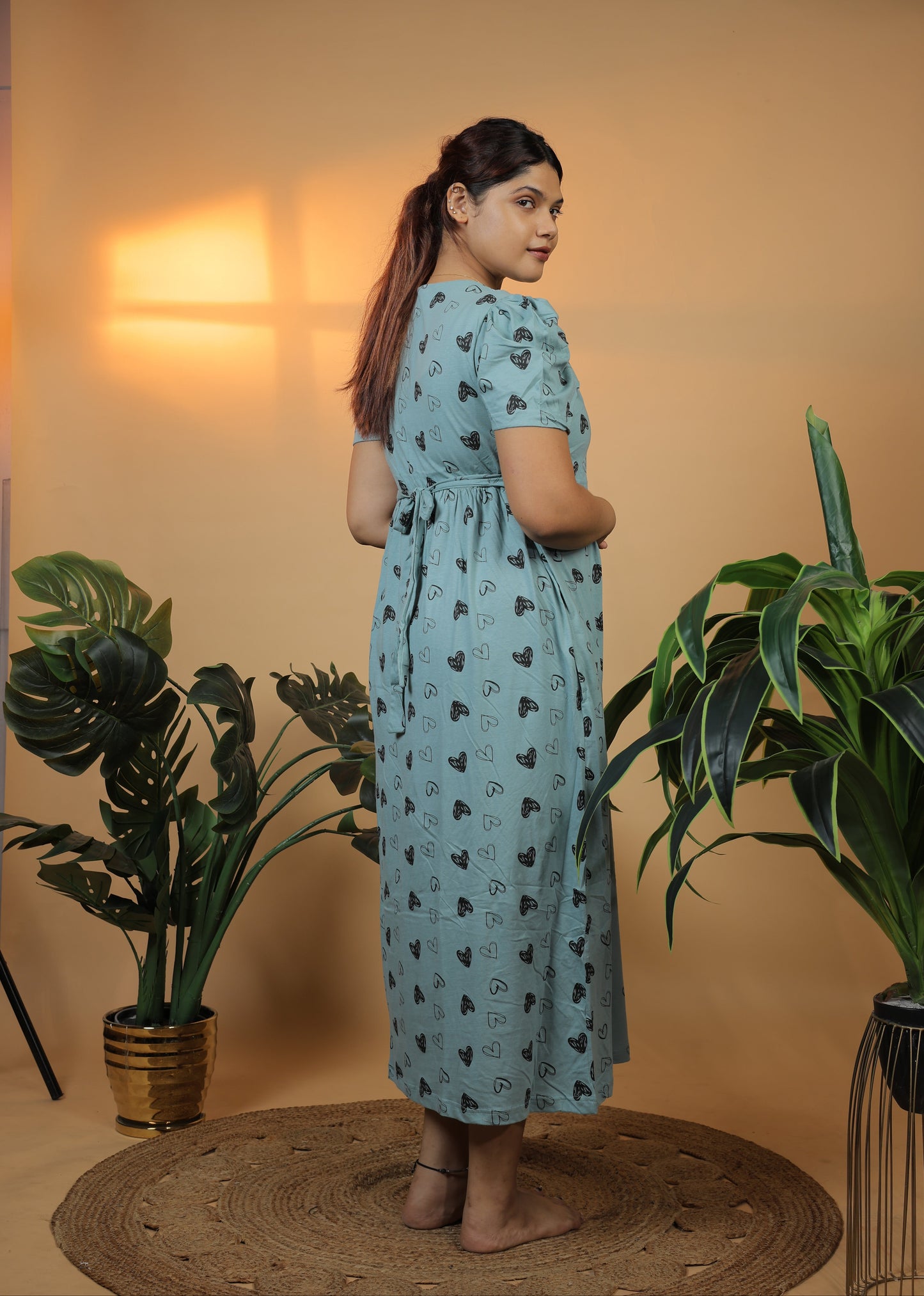 Jammies Haven Zipless Cotton Feeding & Nursing Gown in Green Drawing Heart | ILTGDH01