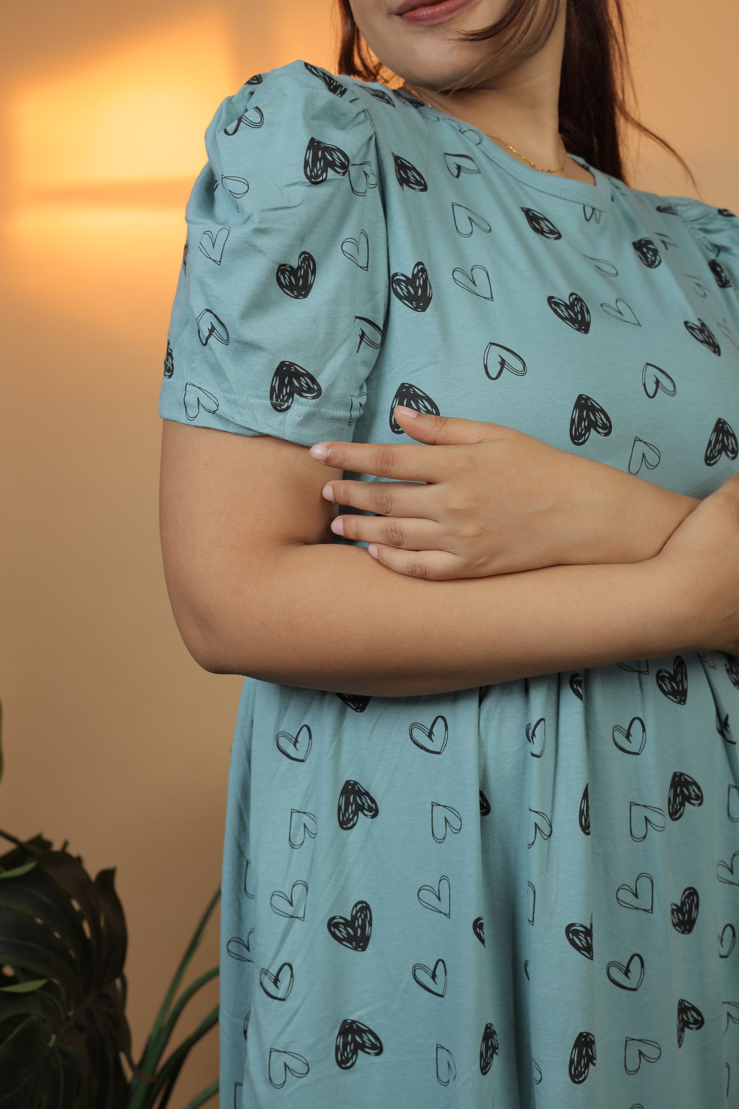 Jammies Haven Zipless Cotton Feeding & Nursing Gown in Green Drawing Heart | ILTGDH01