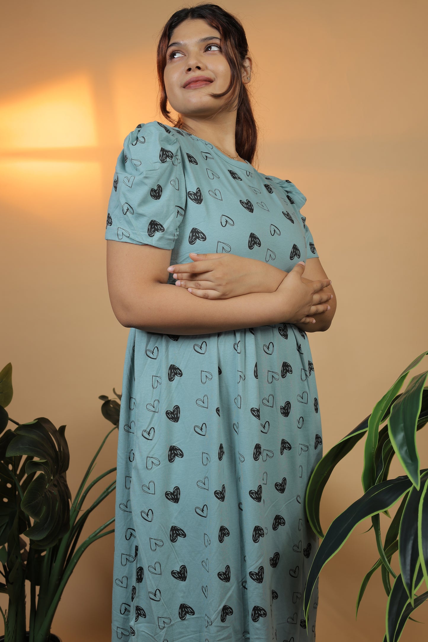 Jammies Haven Zipless Cotton Feeding & Nursing Gown in Green Drawing Heart | ILTGDH01