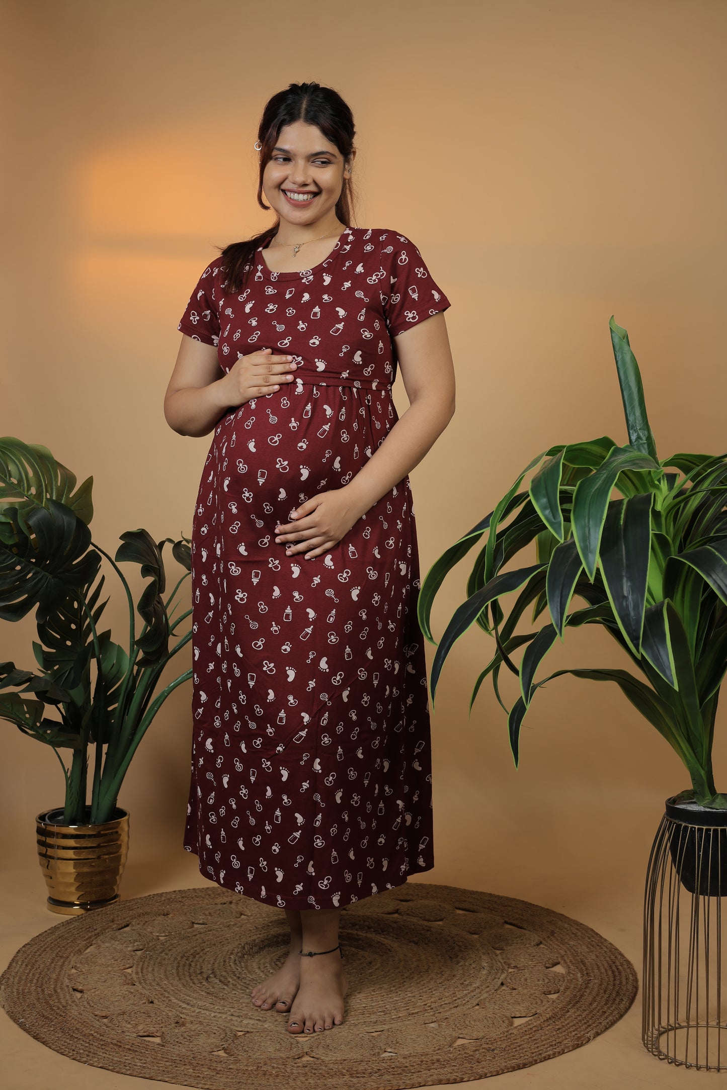 Jammies Haven Zipless Cotton Feeding & Nursing Gown in Maroon | ILTFBM01