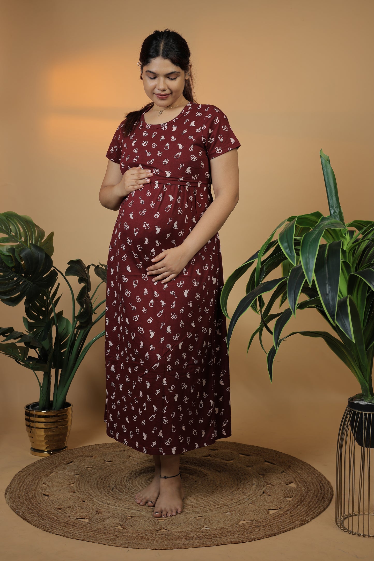 Jammies Haven Zipless Cotton Feeding & Nursing Gown in Maroon | ILTFBM01