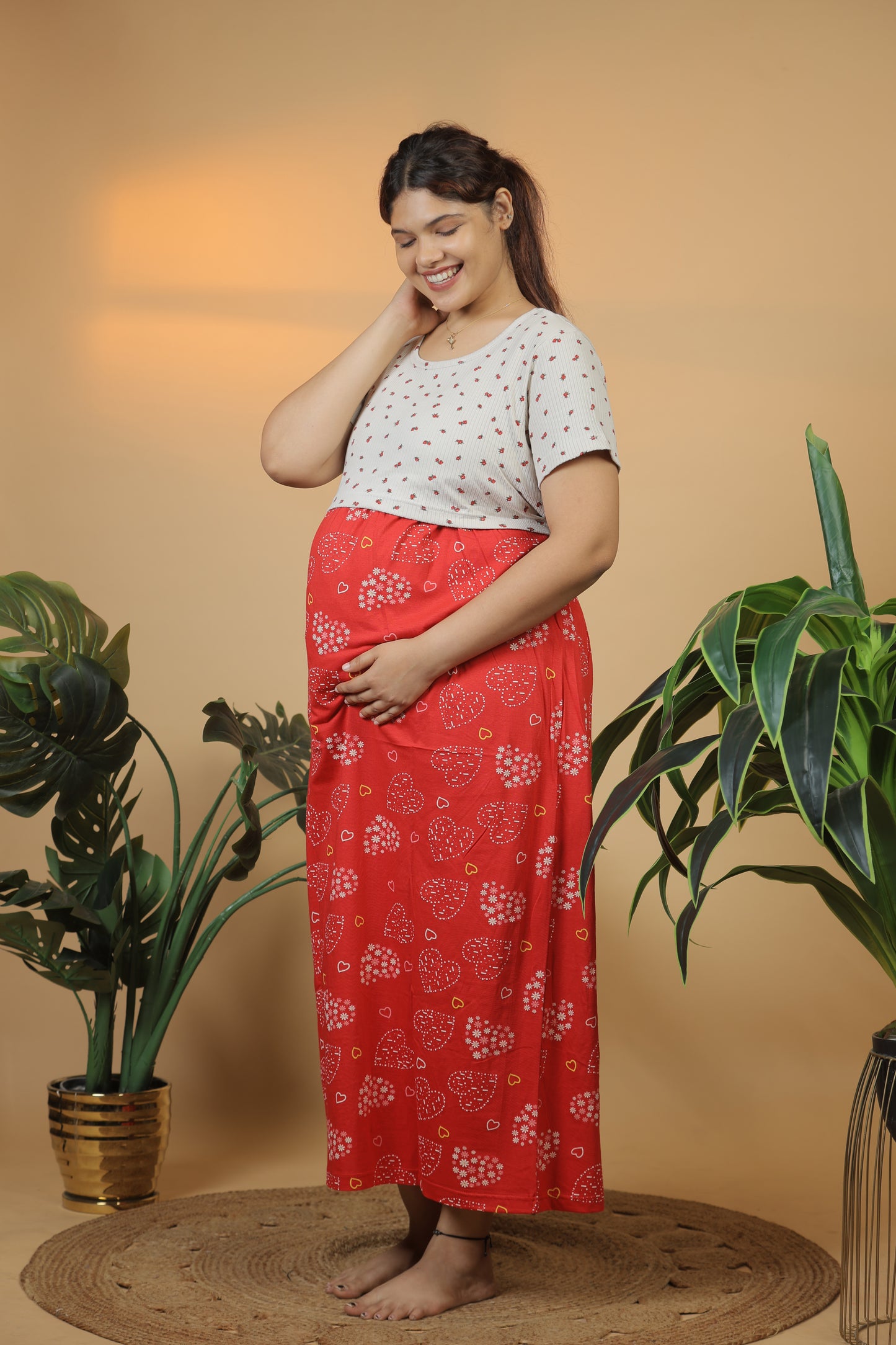Jammies Haven Zipless Cotton Feeding & Nursing Gown – Dual Shade Maternity Nightwear | ILT02