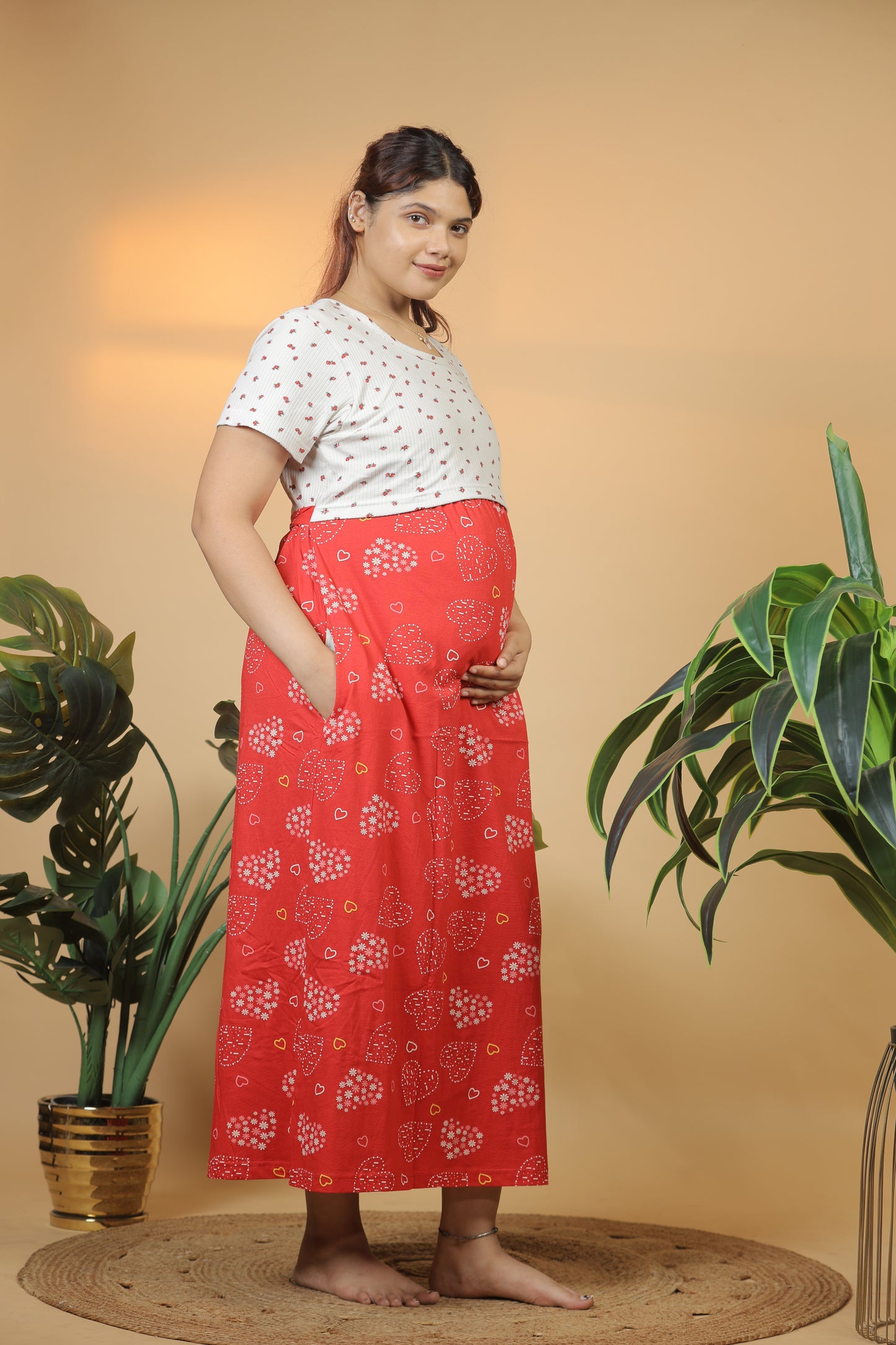 Jammies Haven Zipless Cotton Feeding & Nursing Gown – Dual Shade Maternity Nightwear | ILT02