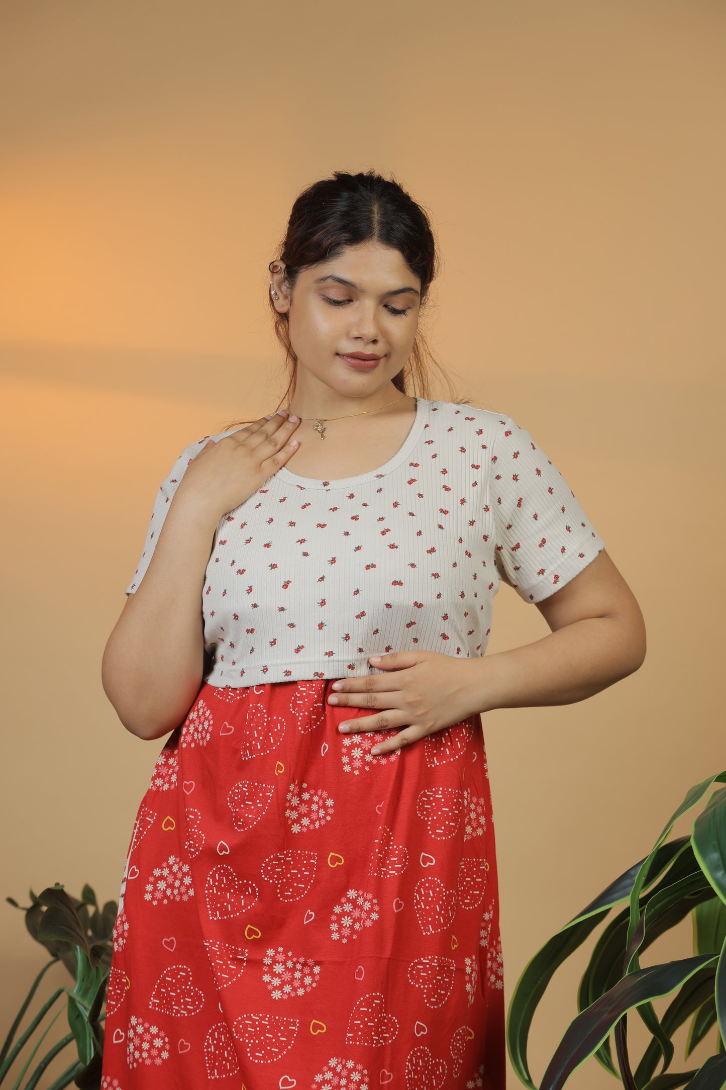 Jammies Haven Zipless Cotton Feeding & Nursing Gown – Dual Shade Maternity Nightwear | ILT02