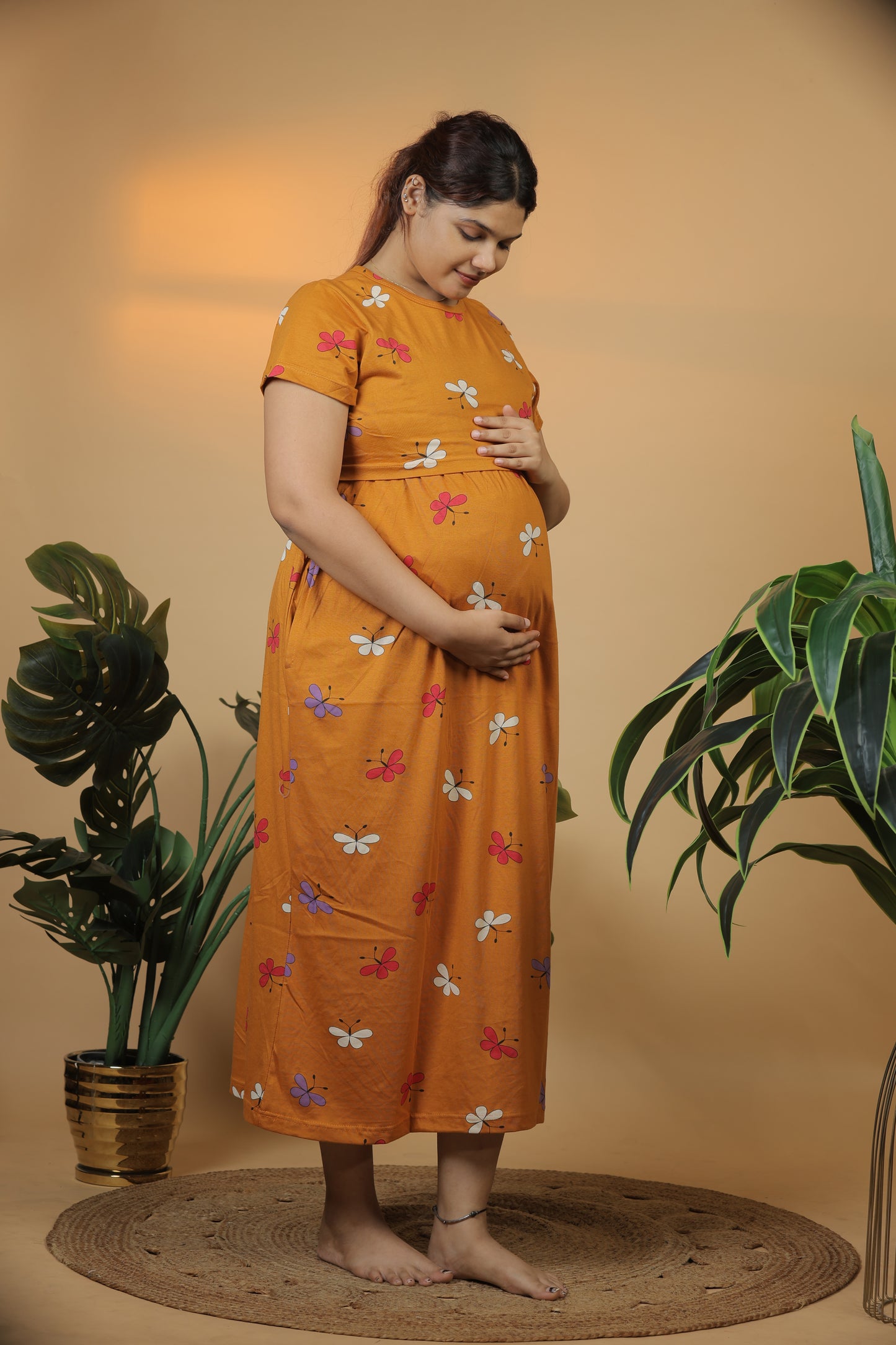 Jammies Haven Zipless Cotton Feeding & Nursing Gown in Mustard | ILTMUST04