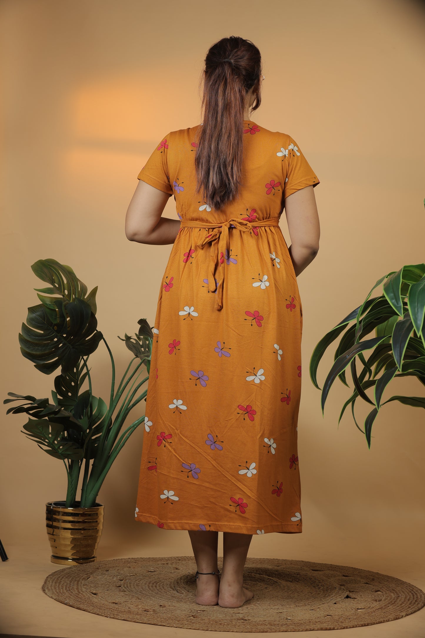 Jammies Haven Zipless Cotton Feeding & Nursing Gown in Mustard | ILTMUST04