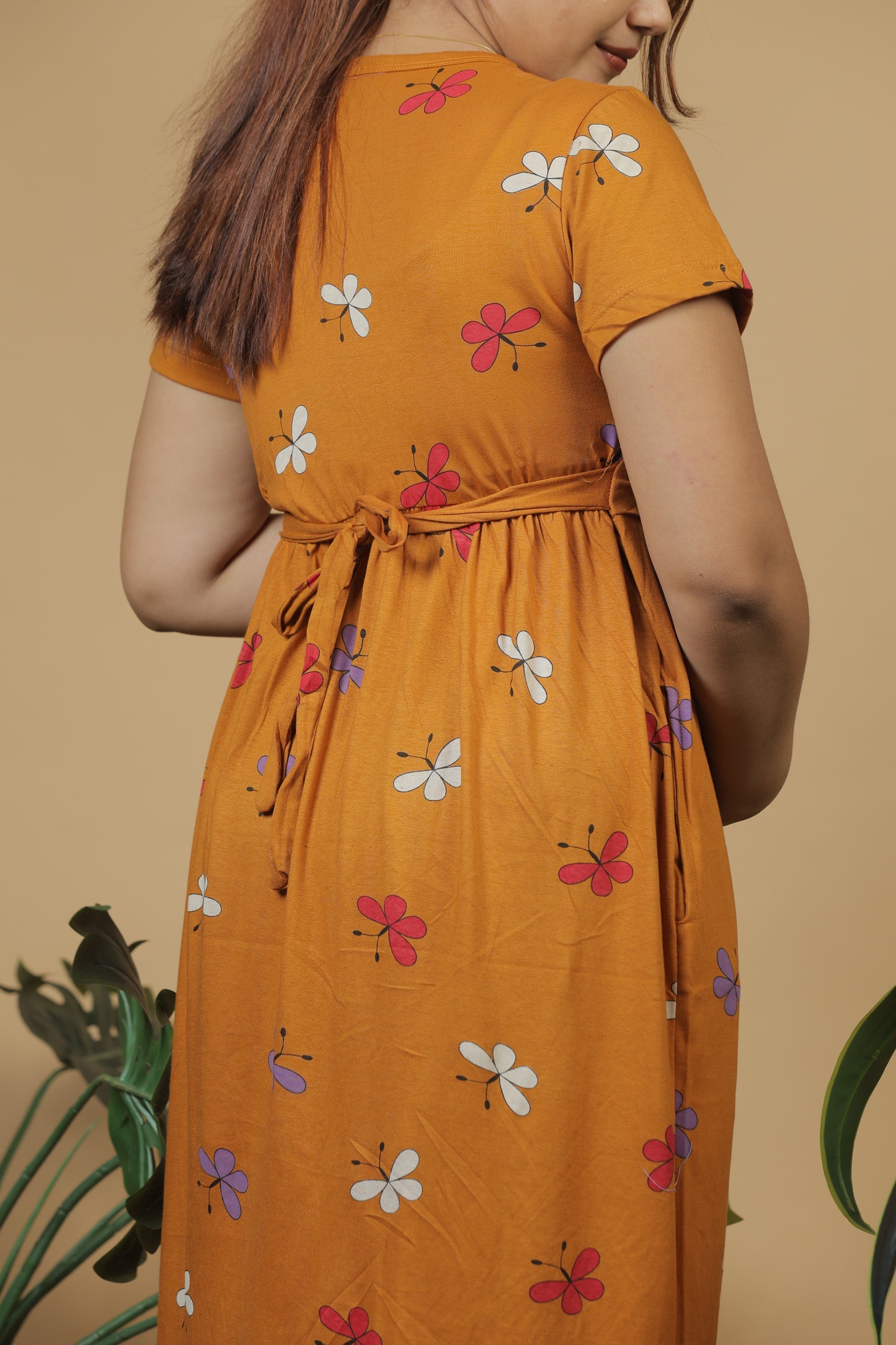 Jammies Haven Zipless Cotton Feeding & Nursing Gown in Mustard | ILTMUST04