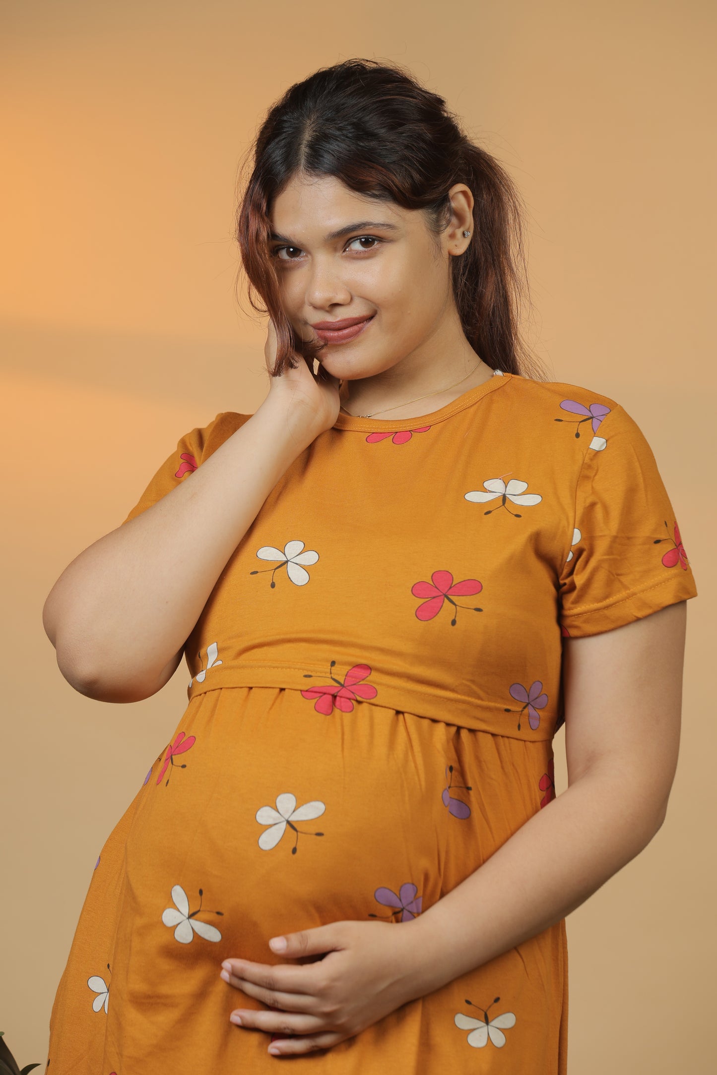 Jammies Haven Zipless Cotton Feeding & Nursing Gown in Mustard | ILTMUST04