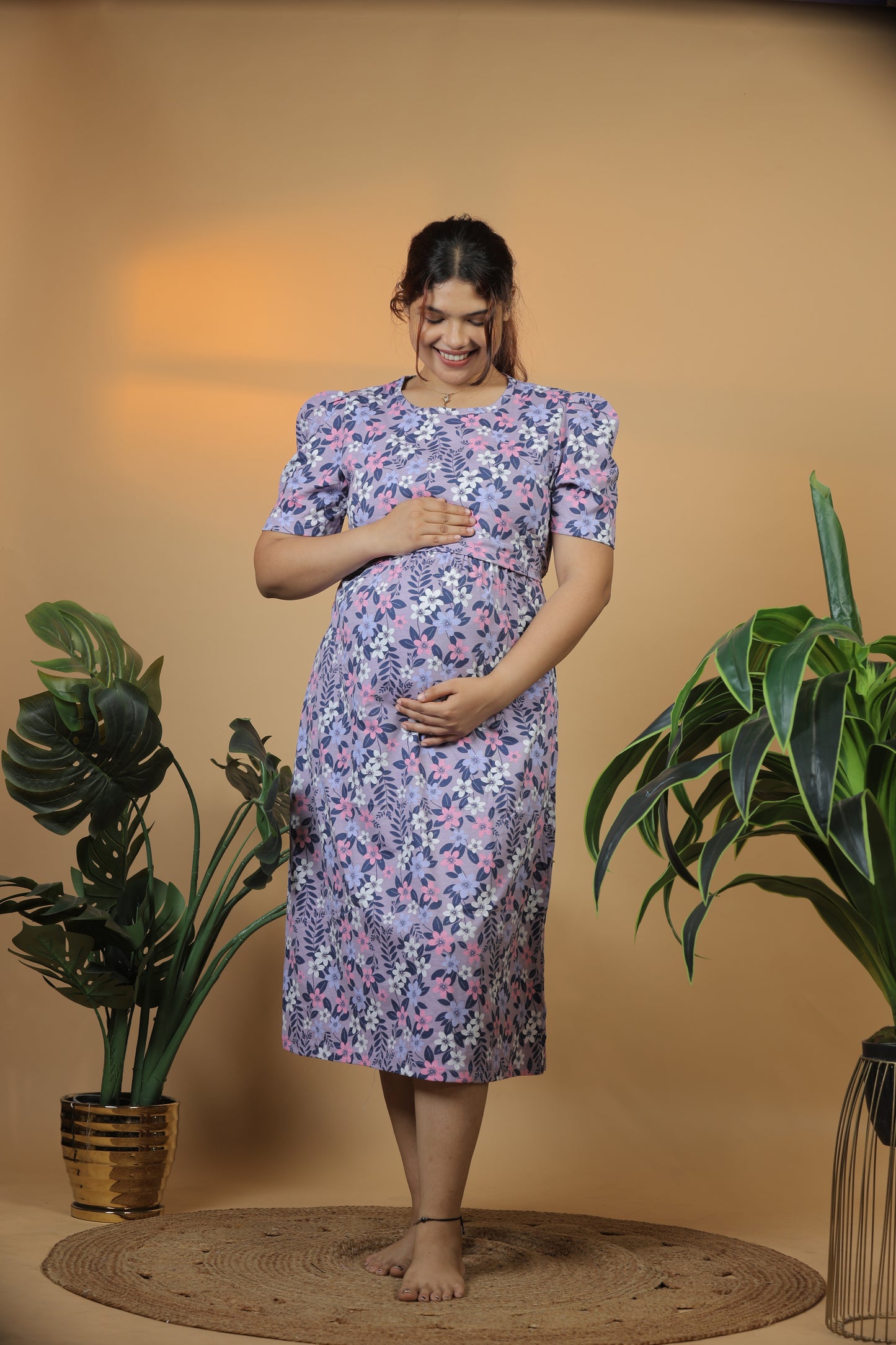 Jammies Haven Zipless Cotton Feeding & Nursing Gown in Lavender Floral | SRDLFD1