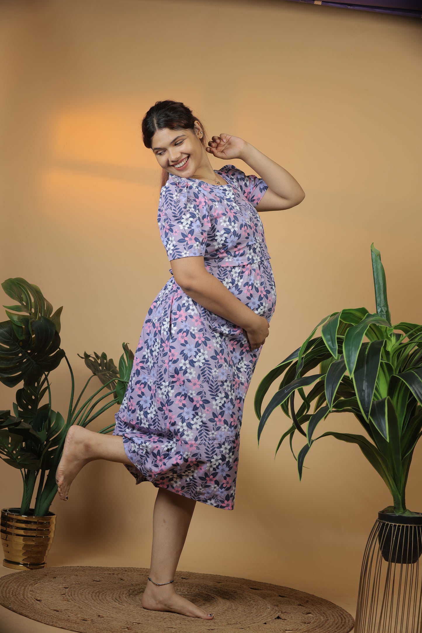 Jammies Haven Zipless Cotton Feeding & Nursing Gown in Lavender Floral | SRDLFD1