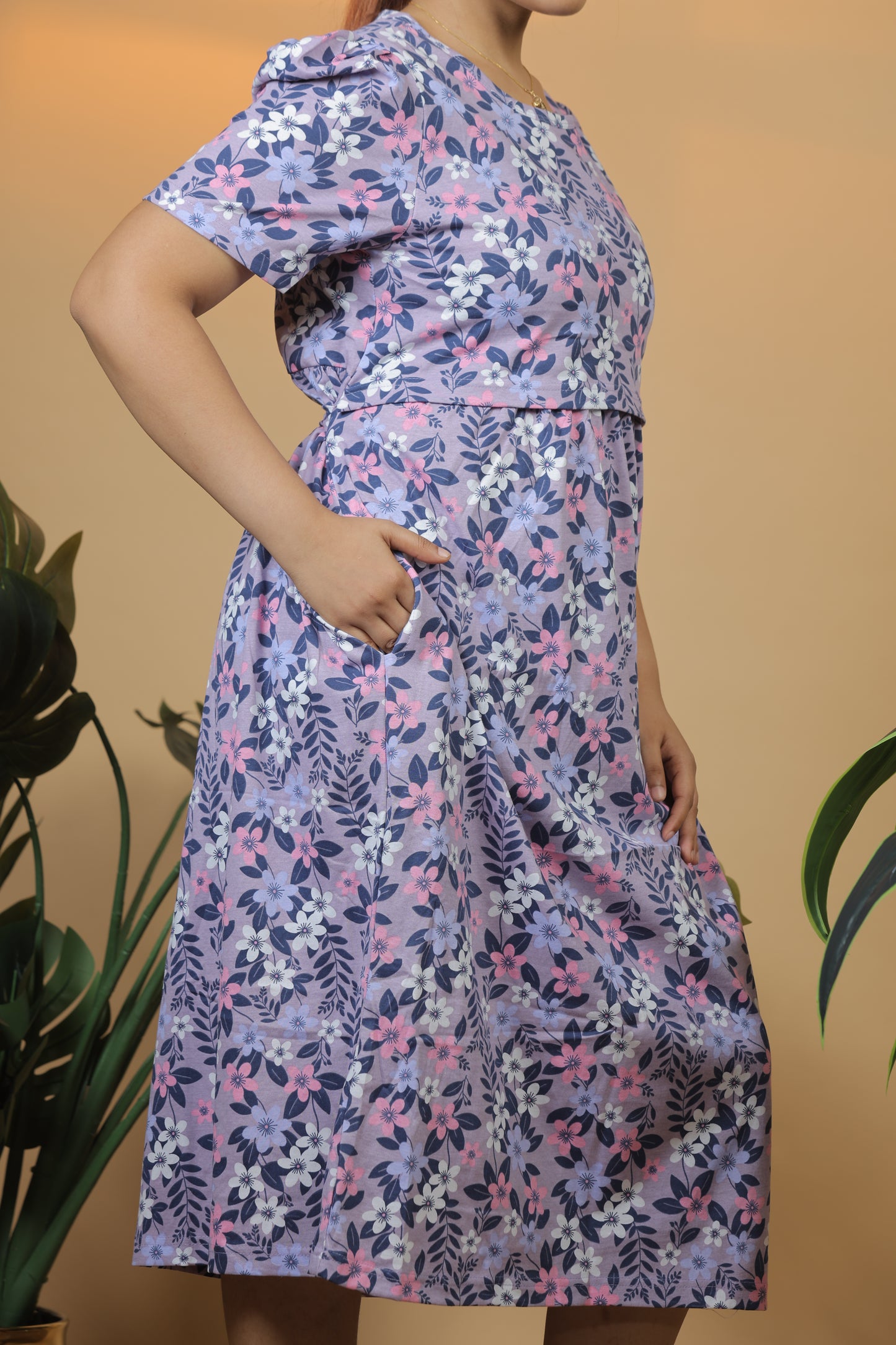 Jammies Haven Zipless Cotton Feeding & Nursing Gown in Lavender Floral | SRDLFD1