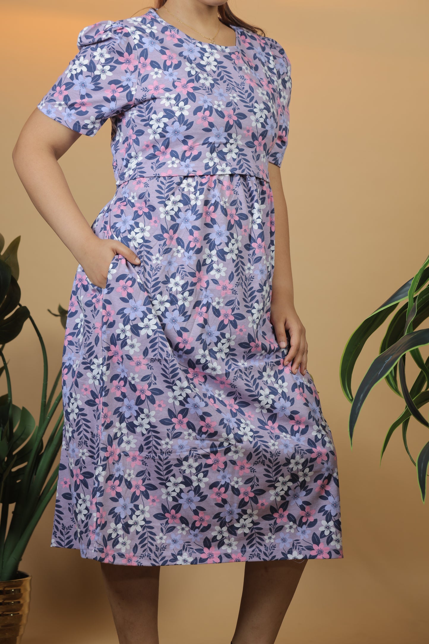 Jammies Haven Zipless Cotton Feeding & Nursing Gown in Lavender Floral | SRDLFD1