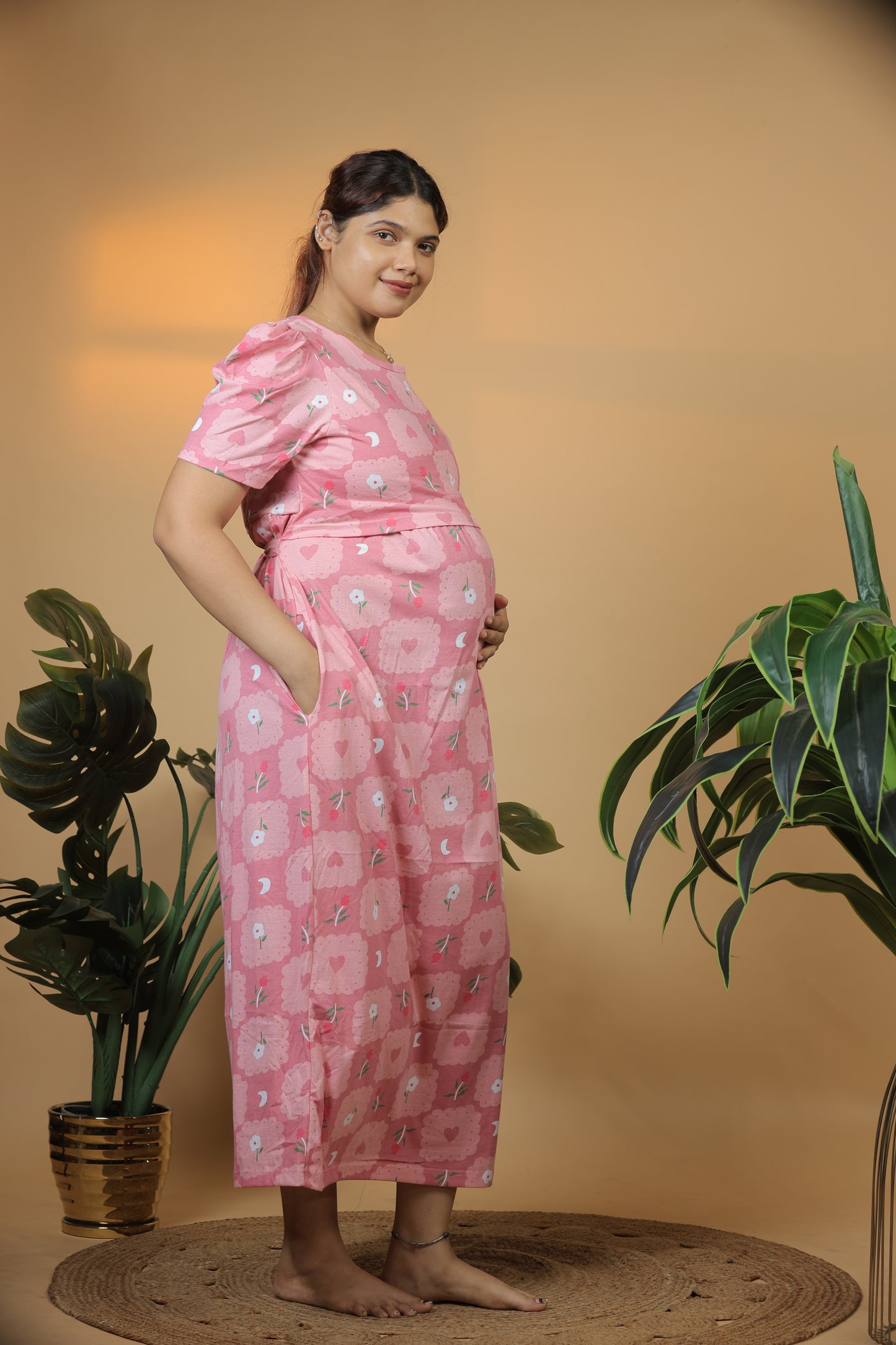 Jammies Haven Zipless Cotton Feeding & Nursing Gown in Pink Daisy | SRDPBD1