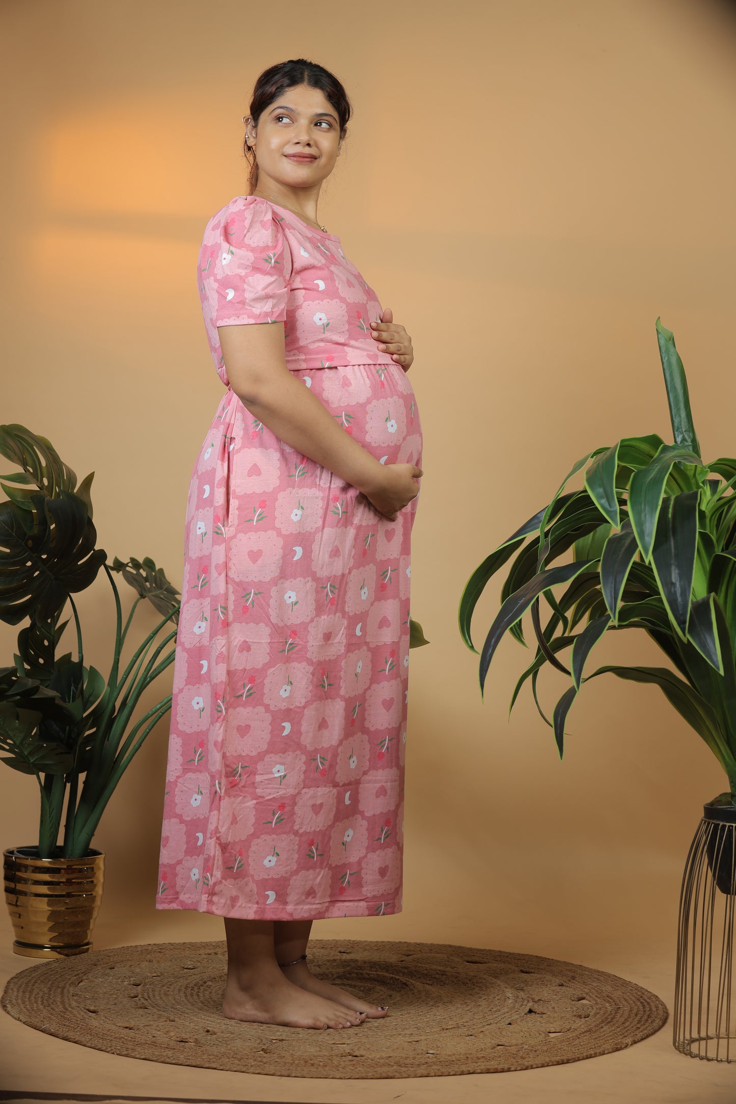 Jammies Haven Zipless Cotton Feeding & Nursing Gown in Pink Daisy | SRDPBD1