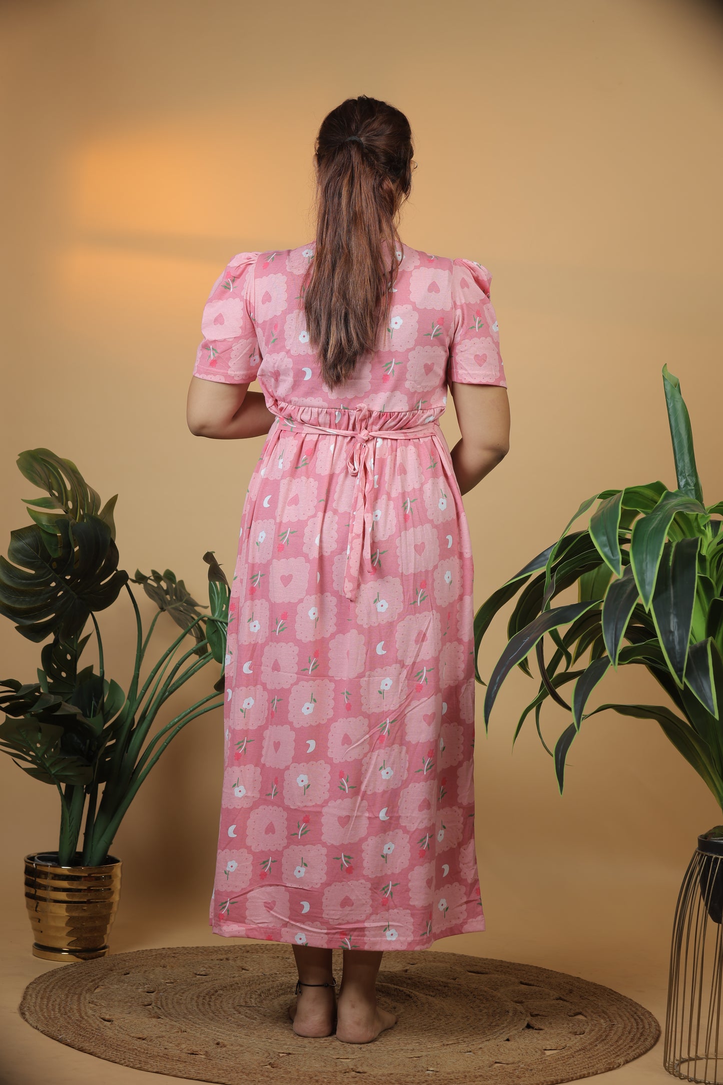 Jammies Haven Zipless Cotton Feeding & Nursing Gown in Pink Daisy | SRDPBD1