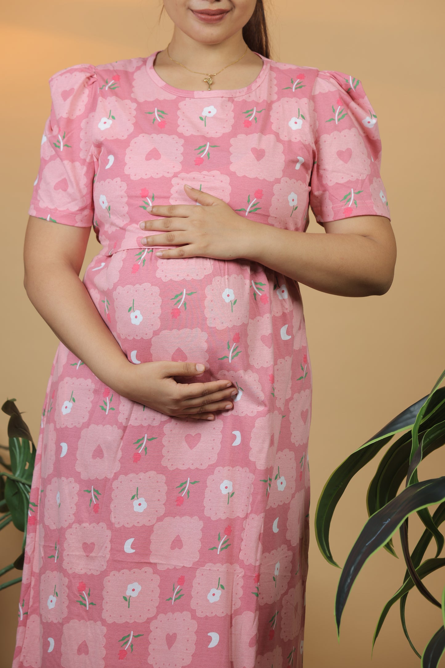 Jammies Haven Zipless Cotton Feeding & Nursing Gown in Pink Daisy | SRDPBD1