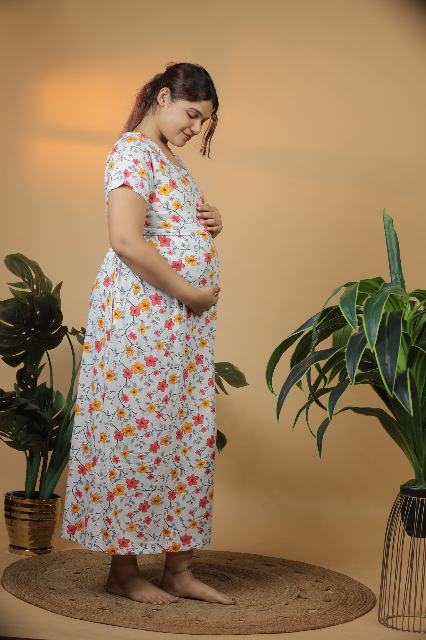 Jammies Haven Zipless Cotton Feeding & Nursing Gown in Grey Floral | ILTGRFL05