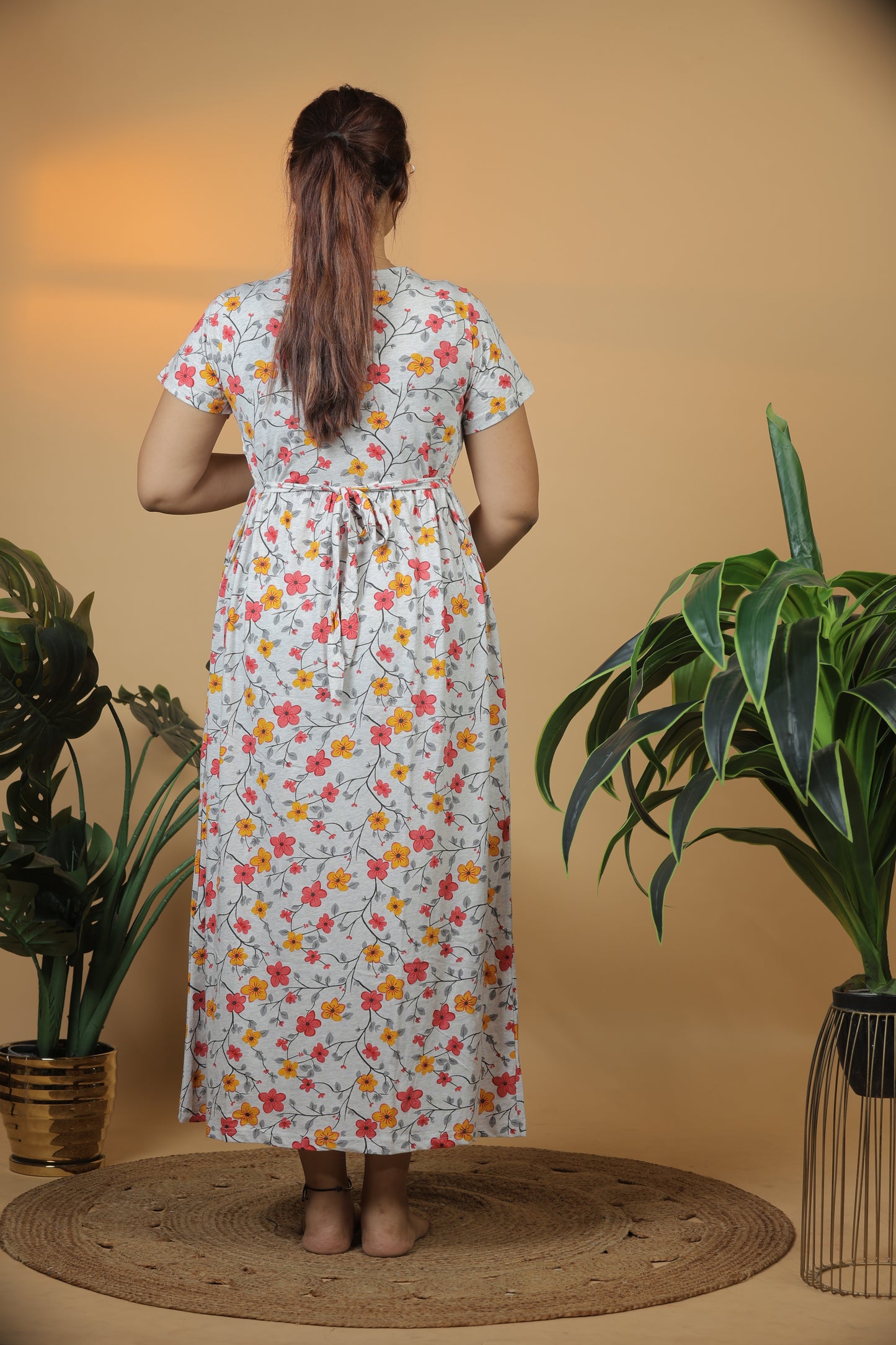 Jammies Haven Zipless Cotton Feeding & Nursing Gown in Grey Floral | ILTGRFL05