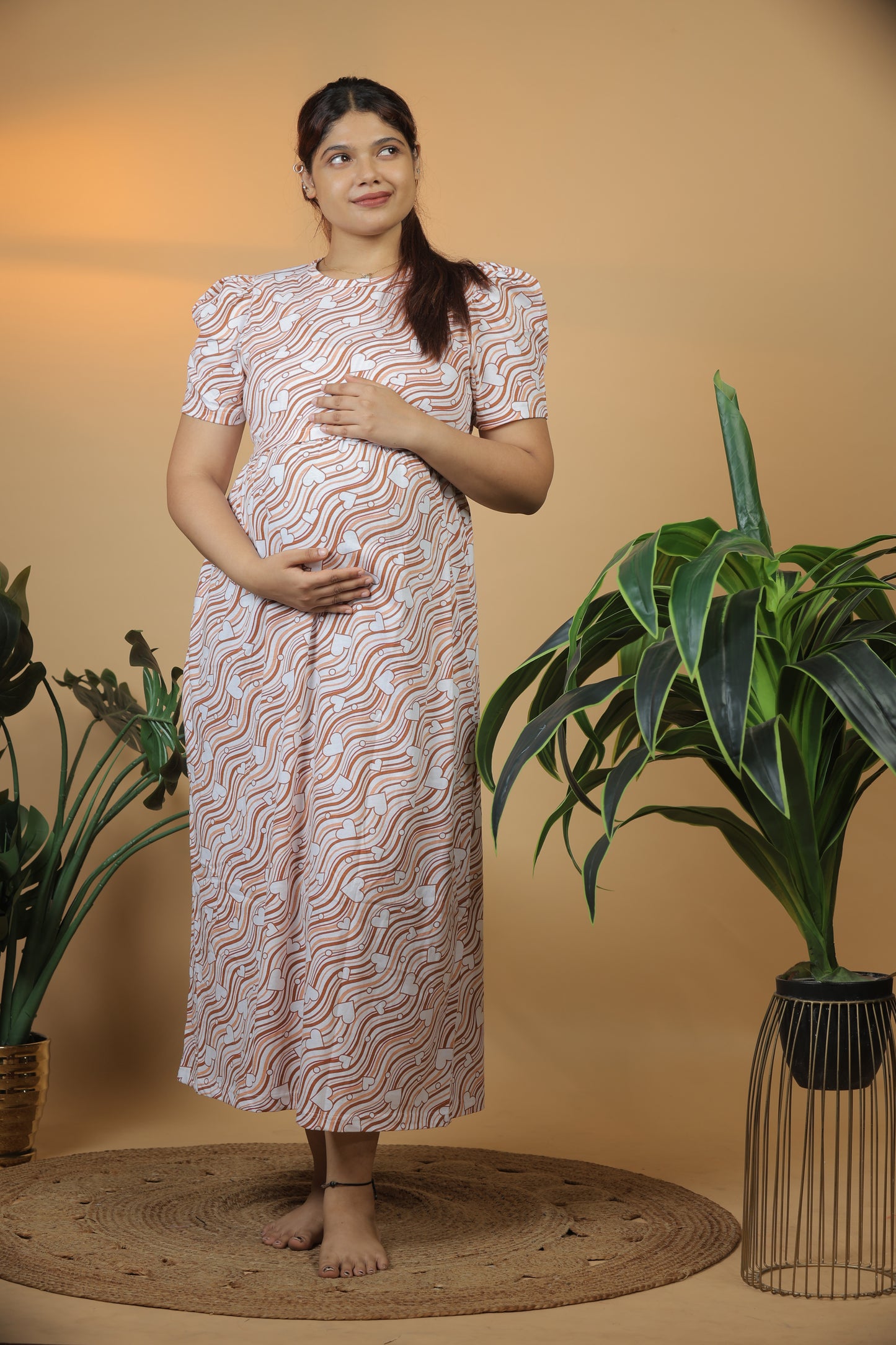 Jammies Haven Zipless Cotton Feeding & Nursing Gown in Brown with Puff Sleeves | ILT04