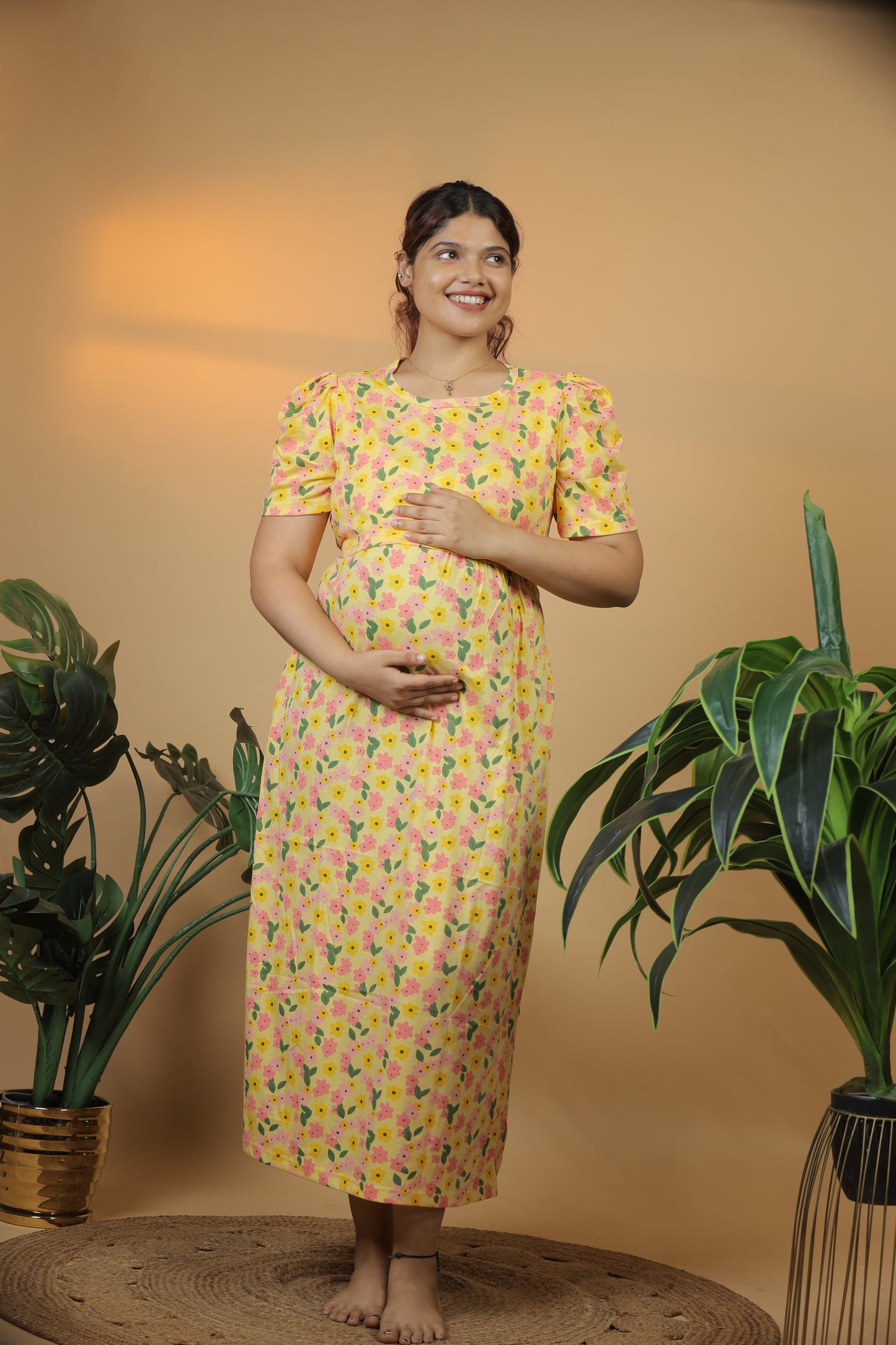 Jammies Haven Zipless Cotton Feeding & Nursing Gown in Yellow Floral | SRDYF1