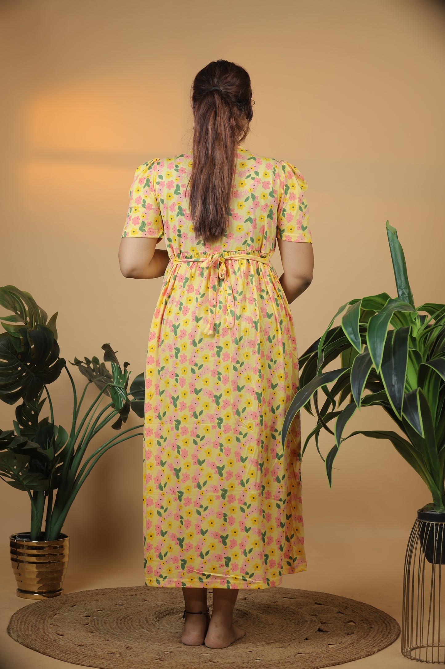 Jammies Haven Zipless Cotton Feeding & Nursing Gown in Yellow Floral | SRDYF1