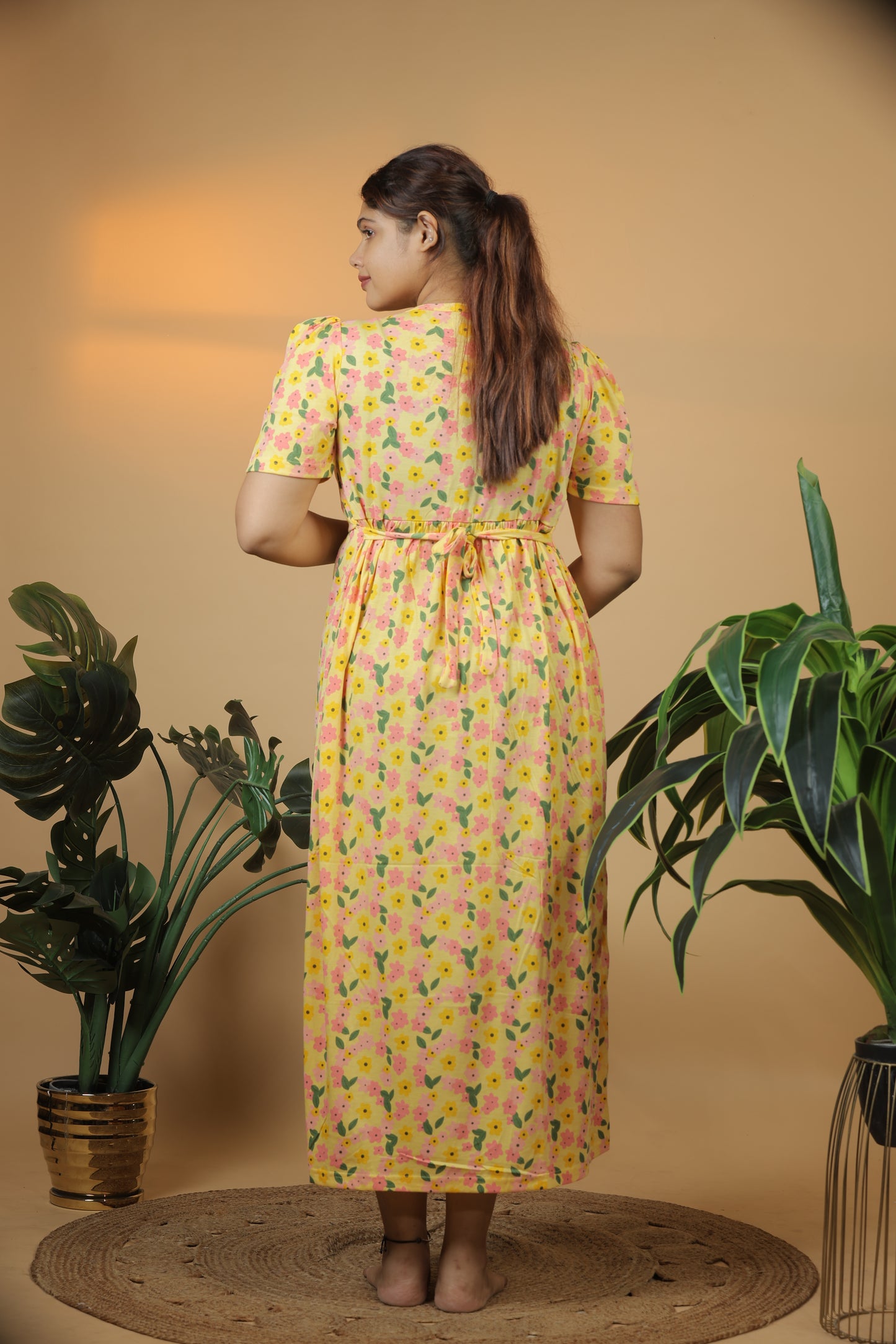 Jammies Haven Zipless Cotton Feeding & Nursing Gown in Yellow Floral | SRDYF1