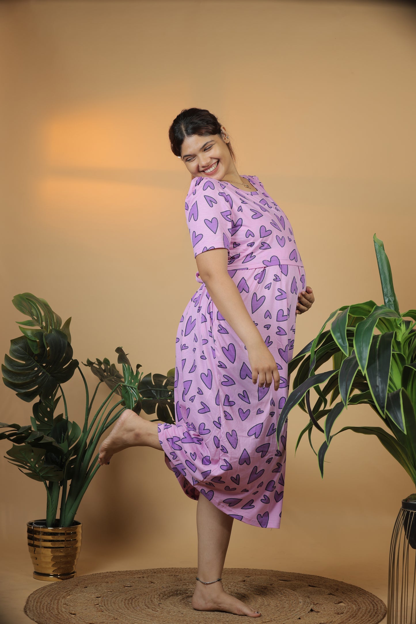 Jammies Haven Zipless Cotton Feeding & Nursing Gown in Violet Heart | SRDVHD1
