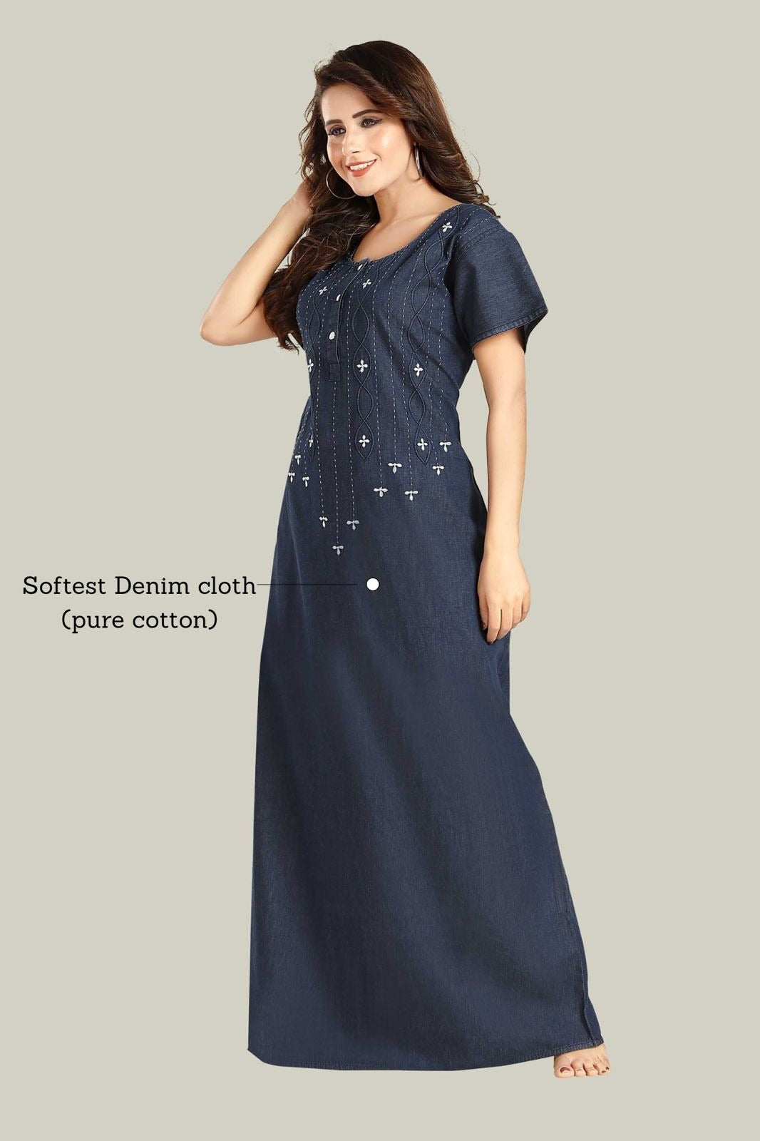 Jammies Haven Denim Nighty in Dark Blue with White Embroidery | Premium Nightgown | Short Sleeve | Side Pocket