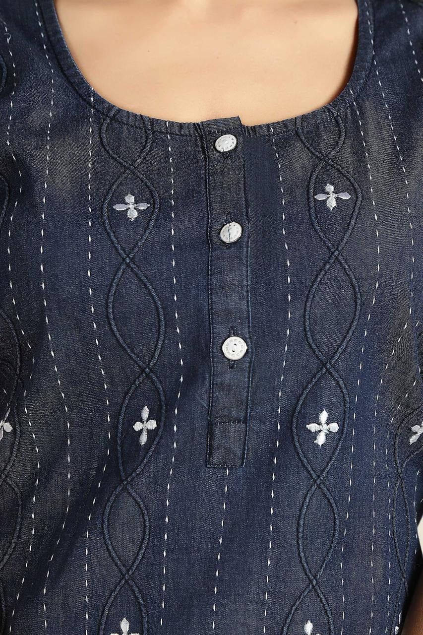 Jammies Haven Denim Nighty in Dark Blue with White Embroidery | Premium Nightgown | Short Sleeve | Side Pocket