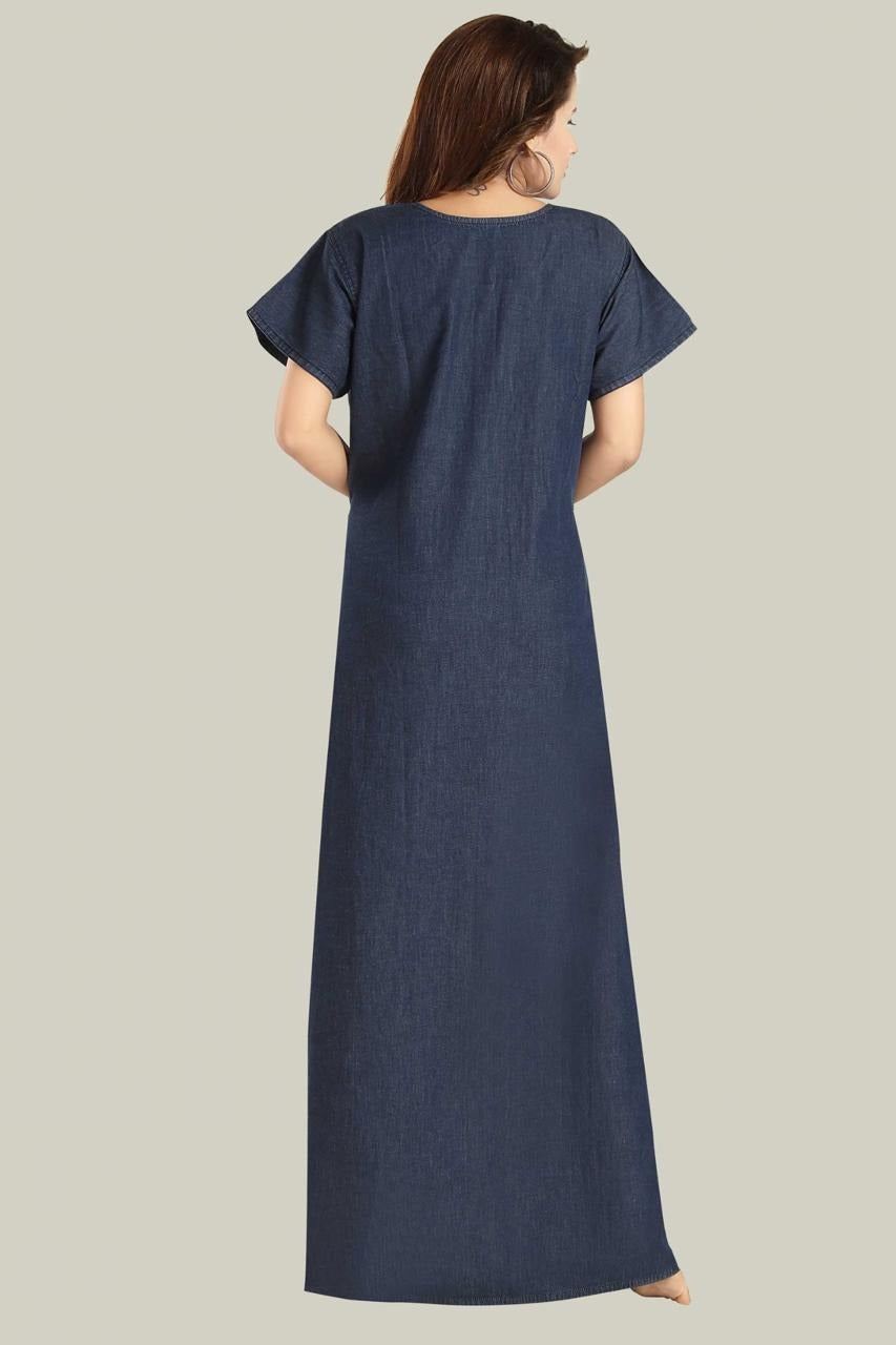 Jammies Haven Denim Nighty in Dark Blue with White Embroidery | Premium Nightgown | Short Sleeve | Side Pocket