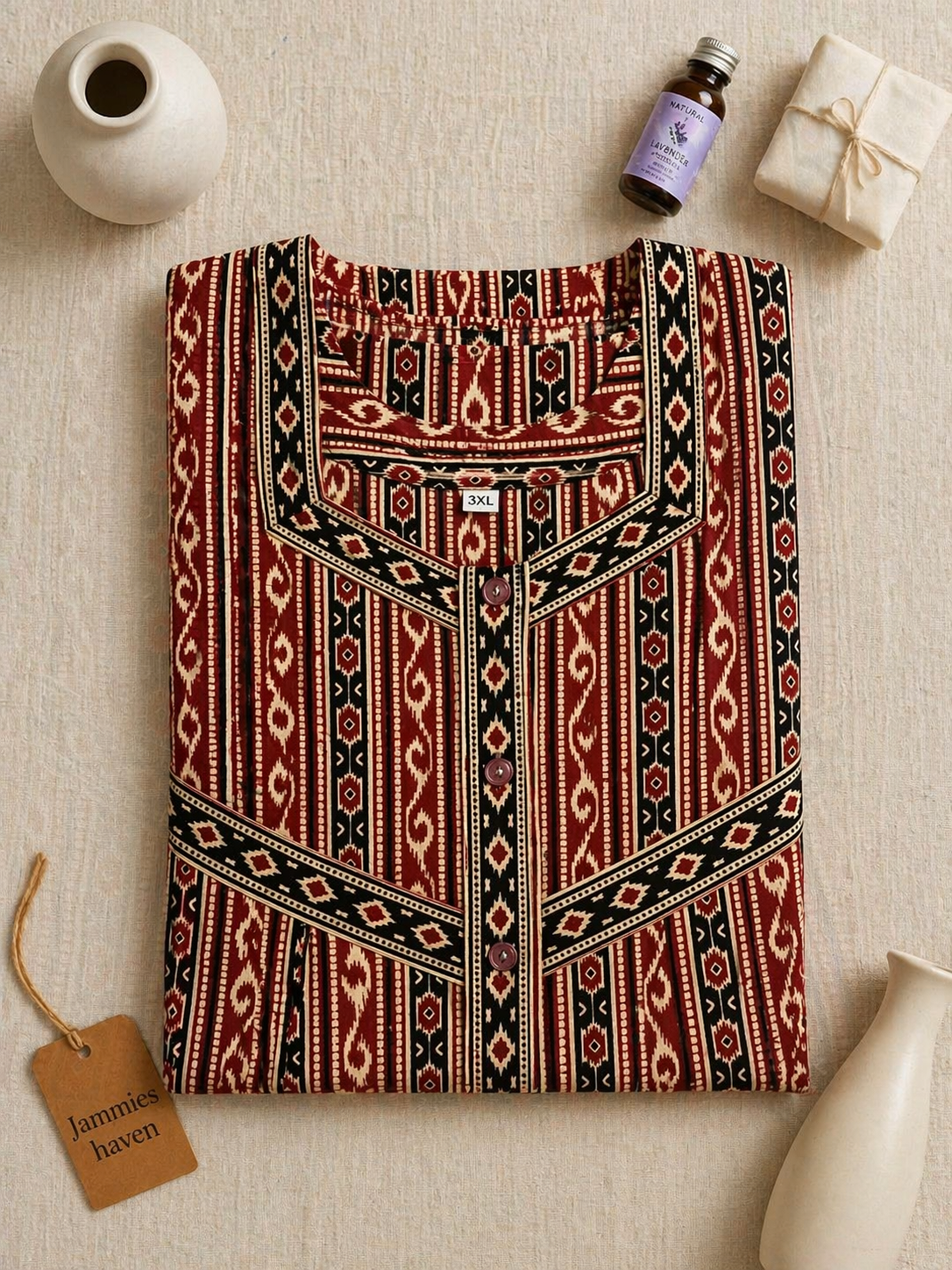Cotton Nighty for Women in Geometric Red Ladies Nightdress | 3XL
