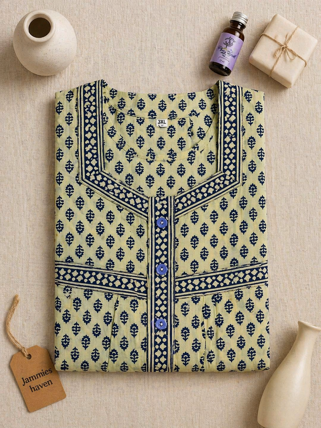 Cotton Nighty for Women in Green Blue Buti Print Ladies Nightdress | 3XL