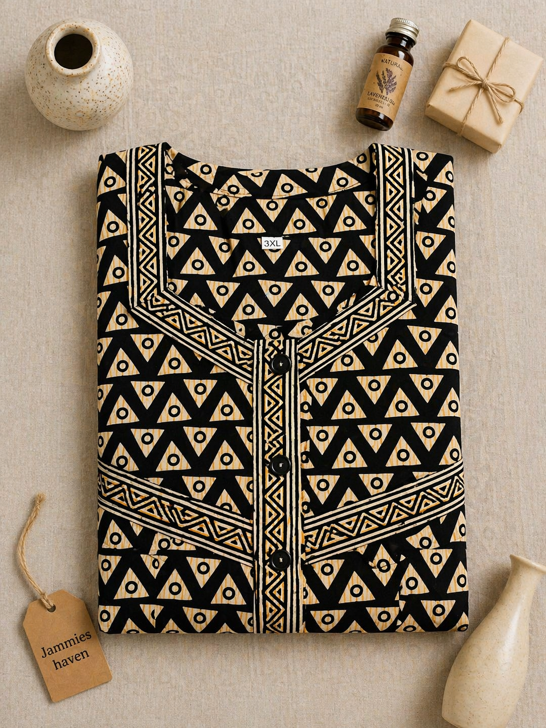 Cotton Nighty for Women in Abstract Black Ladies Nightdress | 3XL