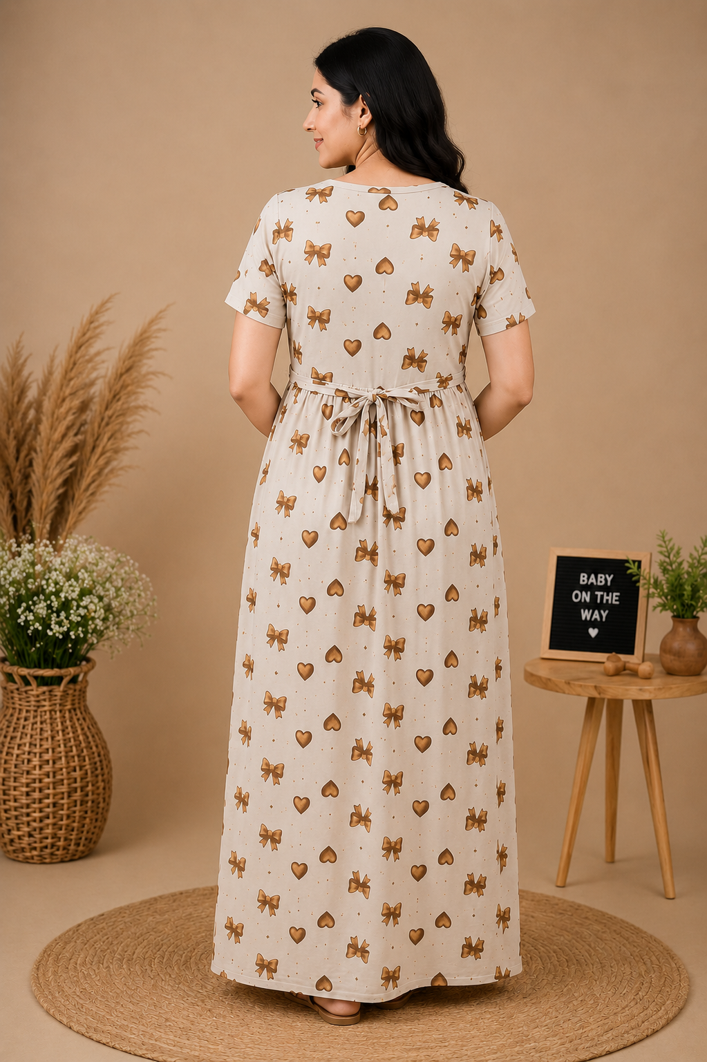 Zipless Cotton Maternity & Feeding Nightgown | Pregnancy | Beige Bow