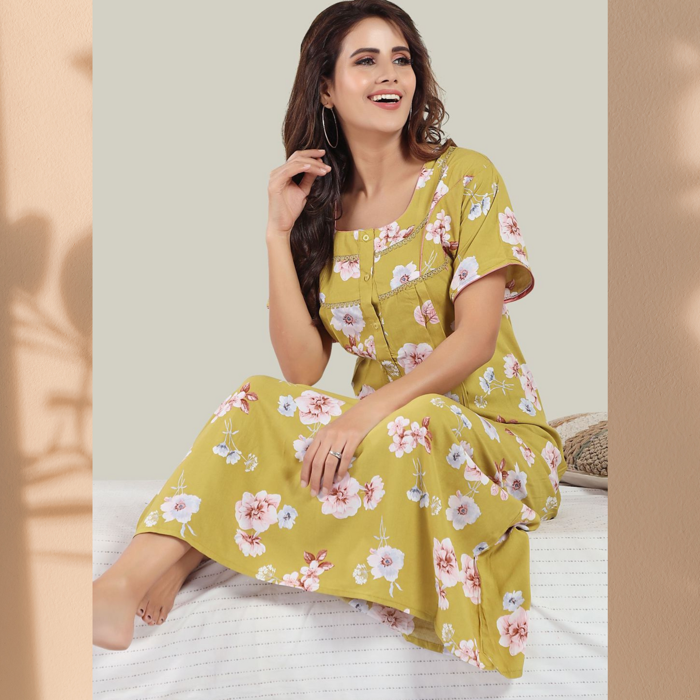 Jammies Haven Rayon Nighty in Light Yellow | Premium Nighty | Short Sleeve |Side Pocket | RY