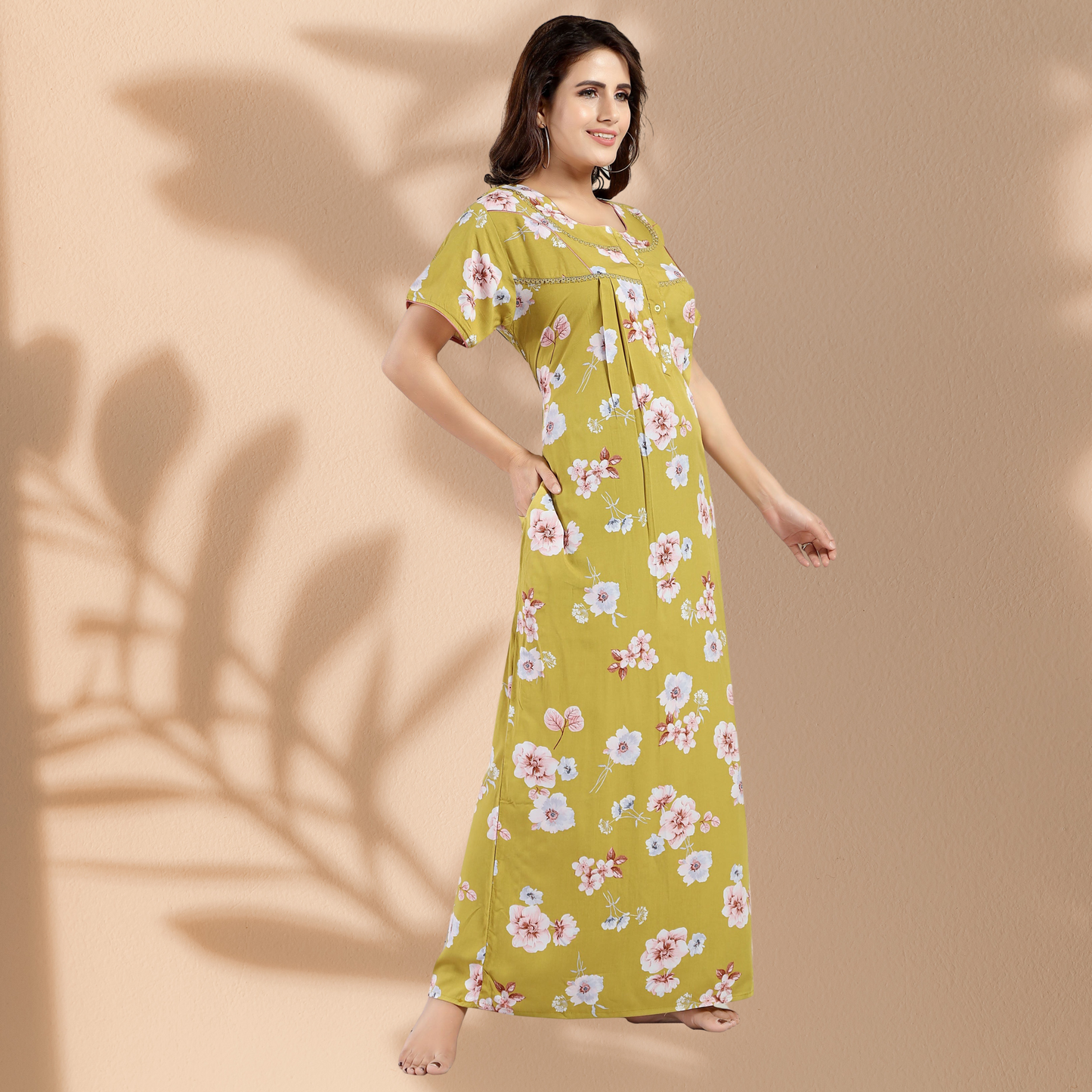 Jammies Haven Rayon Nighty in Light Yellow | Premium Nighty | Short Sleeve |Side Pocket | RY