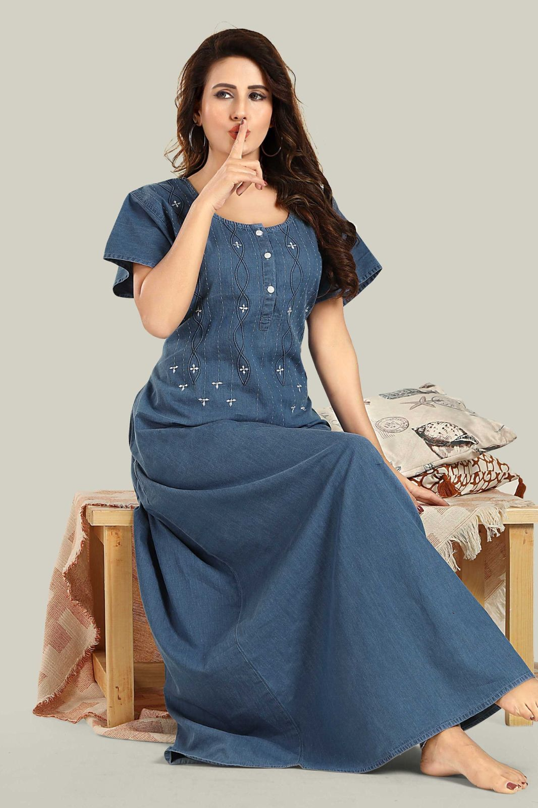 Jammies Haven Denim Nighty in Light Blue with White Embroidery | Premium Nightgown | Short Sleeve | Side Pocket