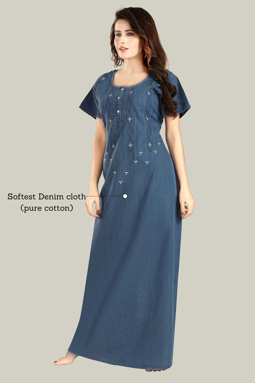Jammies Haven Denim Nighty in Light Blue with White Embroidery | Premium Nightgown | Short Sleeve | Side Pocket