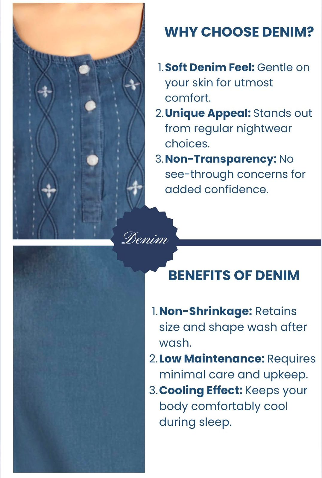 Jammies Haven Denim Nighty in Light Blue with White Embroidery | Premium Nightgown | Short Sleeve | Side Pocket