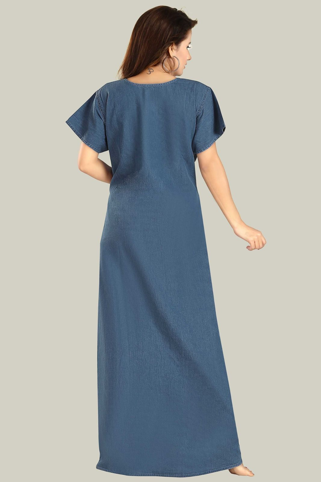 Jammies Haven Denim Nighty in Light Blue with White Embroidery | Premium Nightgown | Short Sleeve | Side Pocket