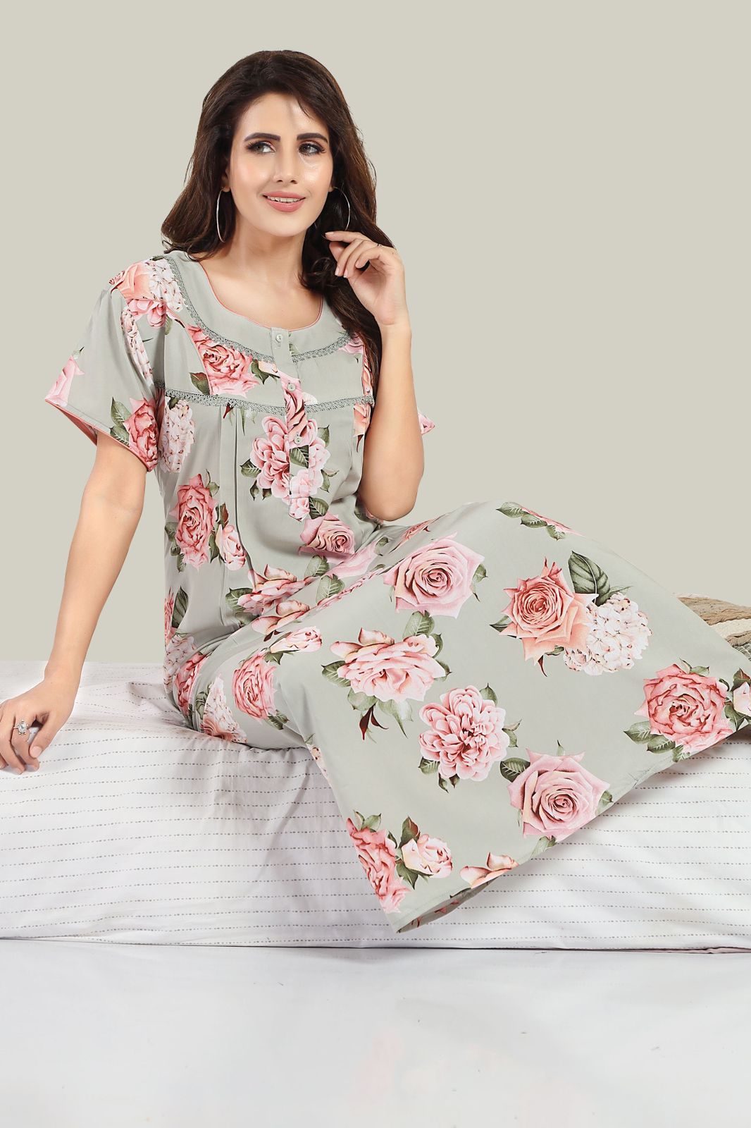 Jammies Haven Rayon Nighty in Light Green | Premium Nighty | Short Sleeve |Side Pocket | NRL