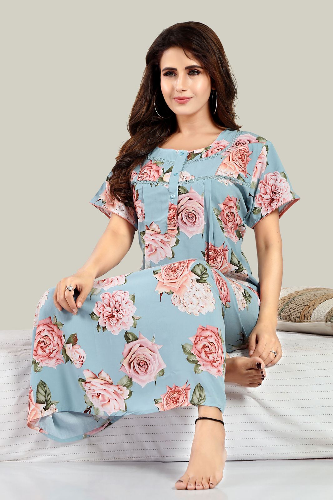 Jammies Haven Rayon Nighty in Sky Blue | Premium Nighty | Short Sleeve |Side Pocket | NRL