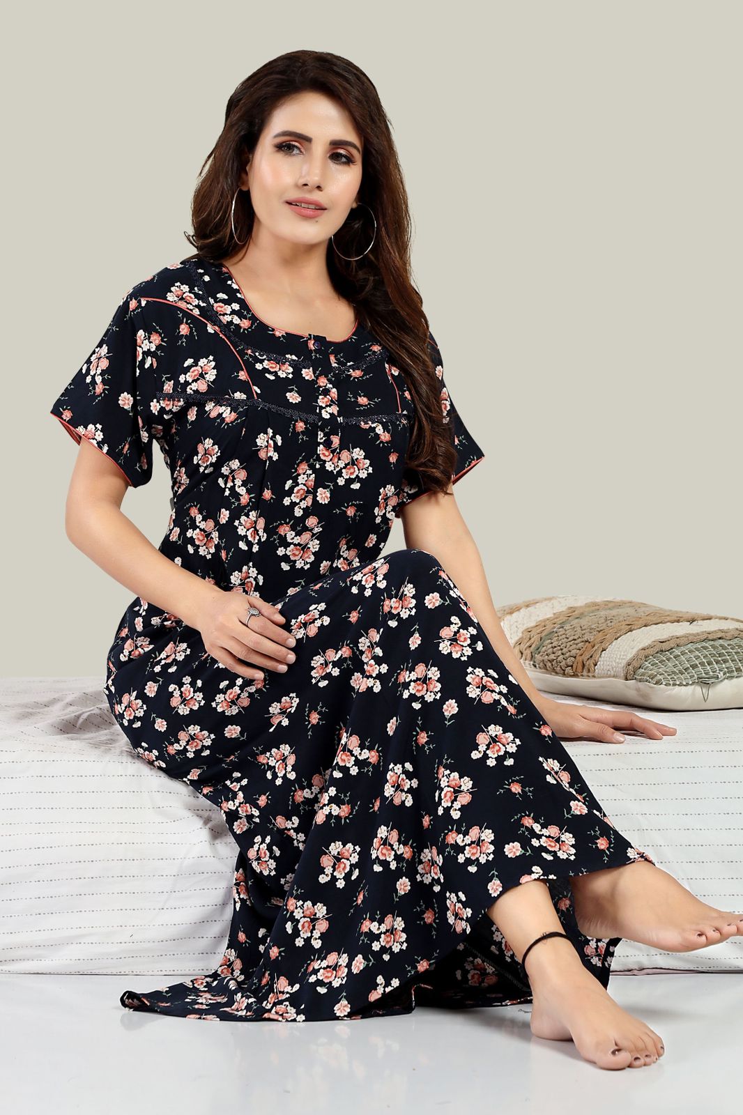 Jammies Haven Rayon Nighty in Dark Blue | Premium Nighty | Short Sleeve | Side Pocket