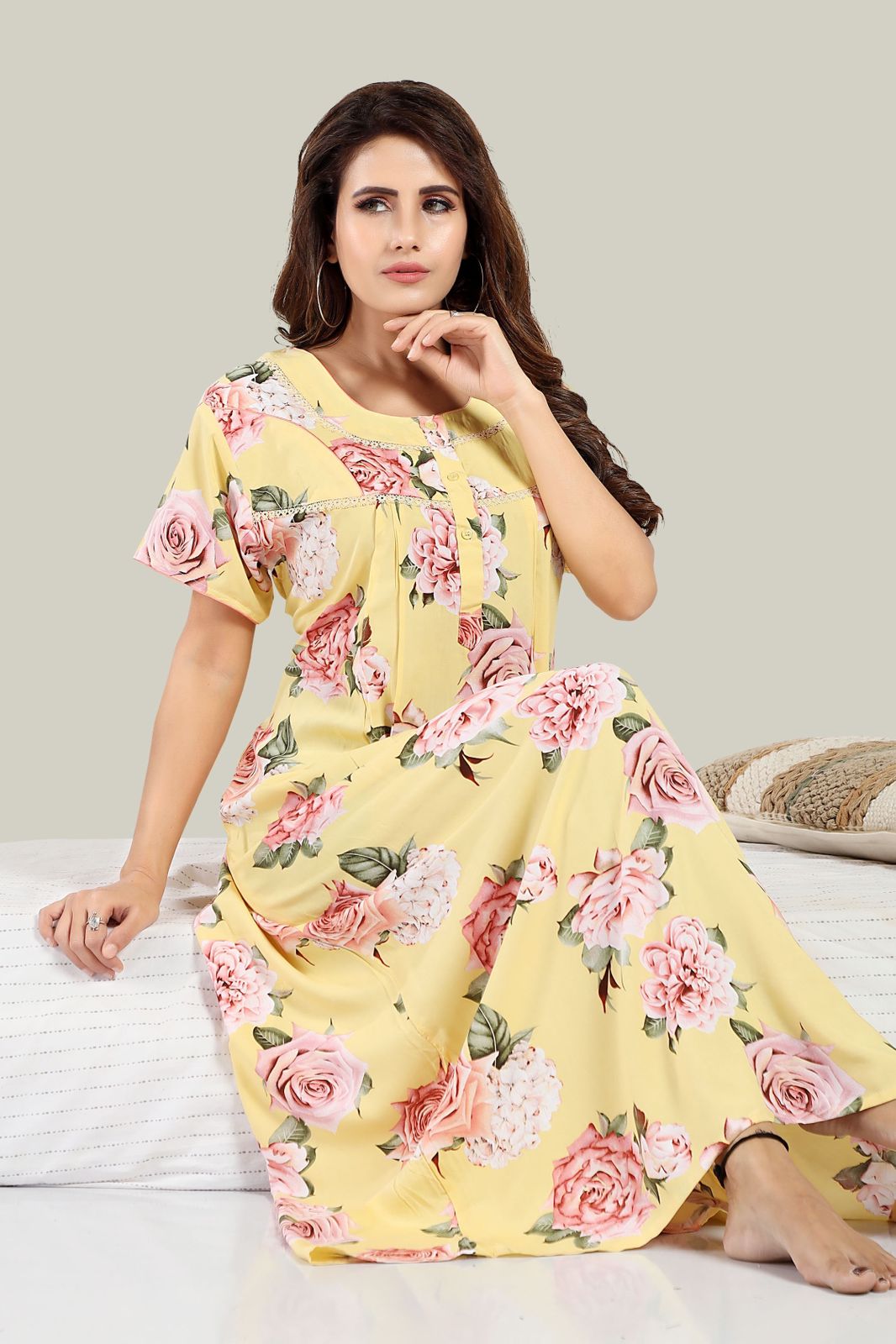 Jammies Haven Rayon Nighty in Yellow | Premium Nighty | Short Sleeve |Side Pocket | NRL
